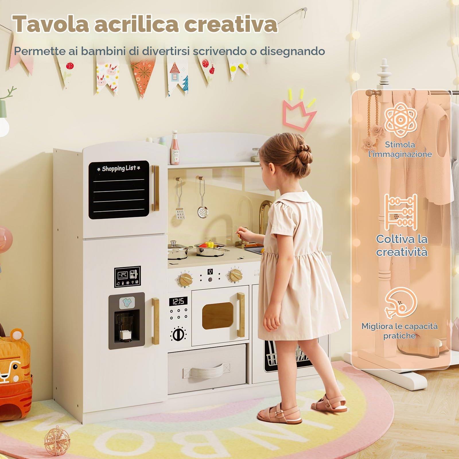 HOMASIS Cucina per Bambini in Legno, Cucina Giocattolo con Microonde Illuminato, Fornello, Forno, Lavandino, Macchina per il Gelato, Lavagna, 8 Accessori e Cestini, per Bambini dai 3 Anni, Bianco