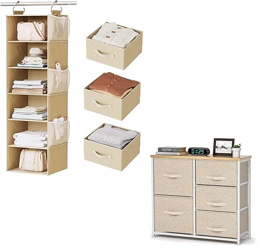 Pipishell Organizador de armario colgante de 6 estantes, estantes colgantes para armario con 3 cajones extraíbles y bolsillos laterales, organizador
