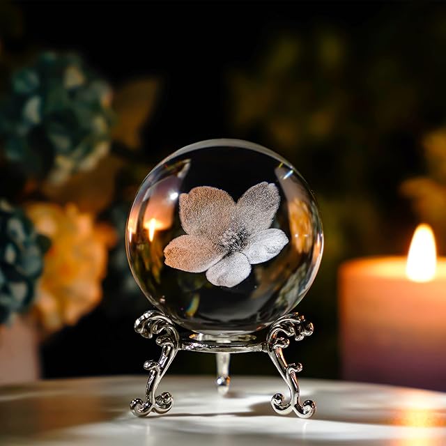 HDCRYSTALGIFTS 3D Engraving Crystal Ball Paperweight with Silver-Plated Stand 60mm Glass Decorative Ball Sphere for Home Decor (Cherry Blossoms)