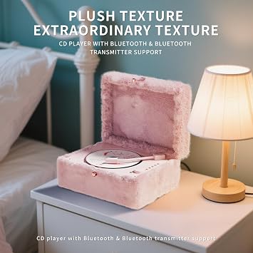 Plush Fuzzy Pink CD Player with Bluetooth, Remote Control