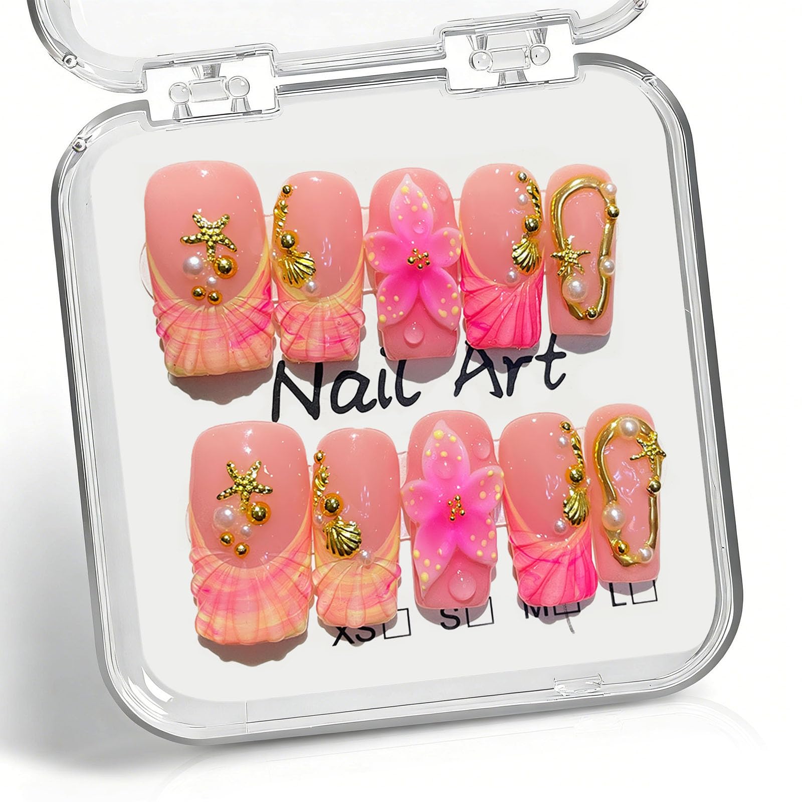 Photo 1 of 10 Pcs Handmade Press on Nails Medium Square Fake Nails with 3D Flower Gold Seashell Curves Design Acrylic Pink French Tip False Nails M Size Beach Press Ons Nails Square for Women Nail Art