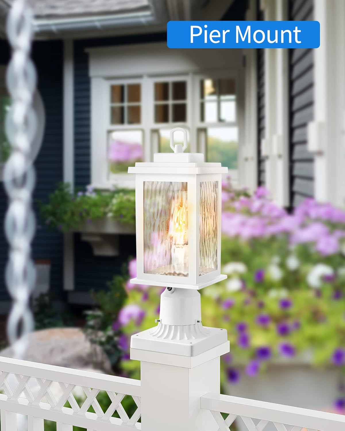 VIANIS Dusk to Dawn Outdoor Post Lights with Pier Mount Base, Modern White Exterior Lamp Post Light Fixture, Anti-Rust Aluminum Light Posts for Outside with Water Ripple Tempered Glass(Hardwired 120V)