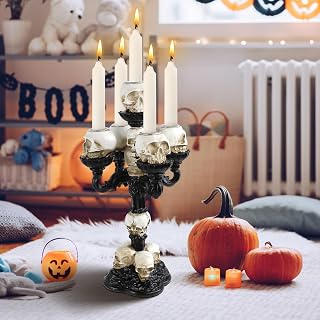 Skull Candle Holders for Halloween Decoration, Skeleton Head Candlestick Holders Gothic Candelabra, Day of the Dead Resin Skeletons Tealight Holder for Home Kitchen Bedroom Living Room Decor