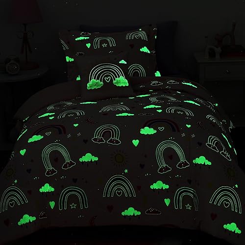 Miniatura 10 de Juego de edredón para niños, tamaño individual, juego de ropa de cama que brilla en la oscuridad, 1 edredón, 1 almohada decorativa, 1 funda de