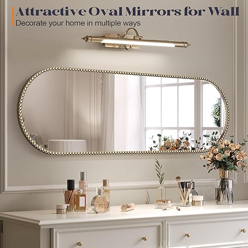 Miniatura 3 de Espejo ovalado dorado de longitud completa para baño, espejo de latón antiguo con cuentas de 16 x 48 pulgadas para decoración de pared, espejos de