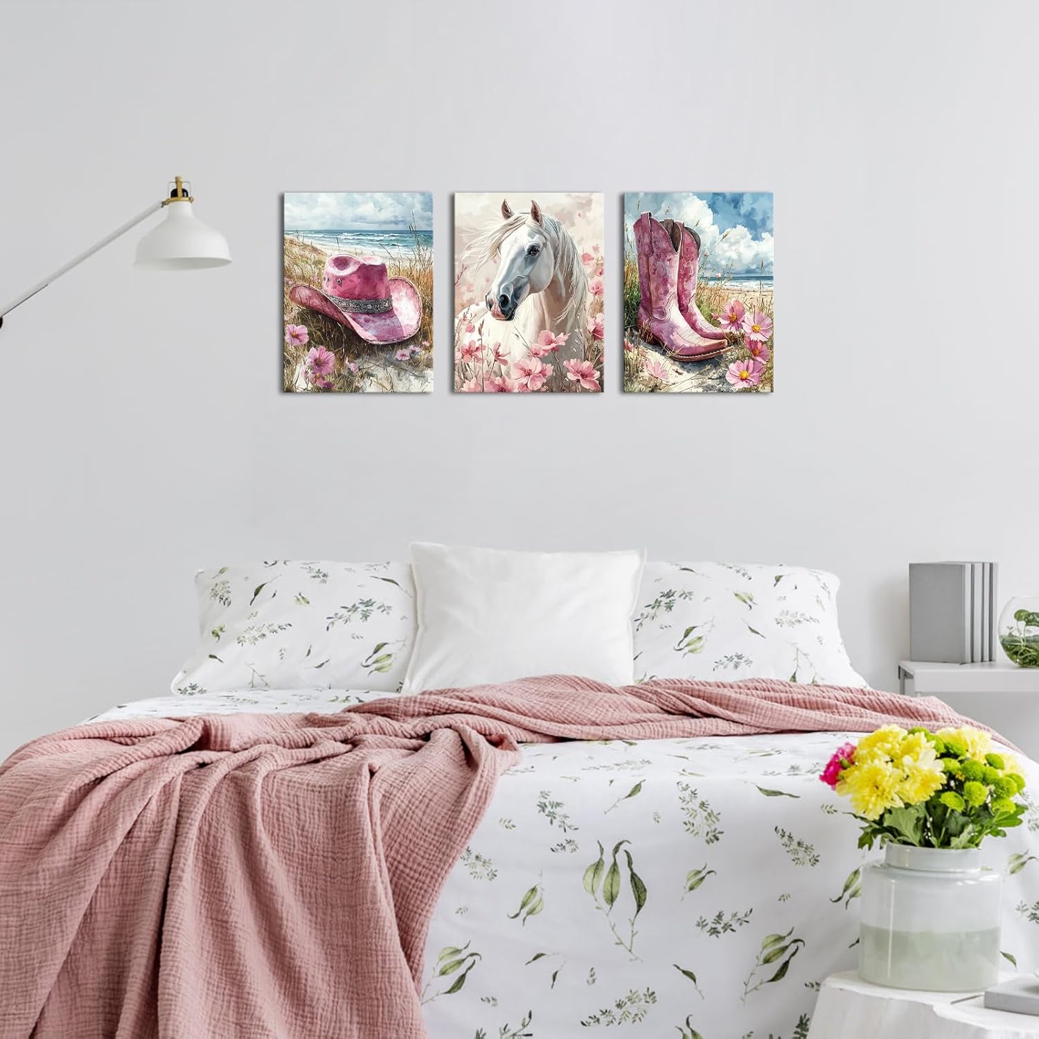 LyerArtork 3 Pieces Pink Western Wall Art Canvas Prints Coastal Cowgirl Room Decor Flower Horse Hat Boots Pictures Trendy Preppy Girls Dorm Bedroom Aesthetic Painting Wall Decor 12x16inchx3 - Image 4