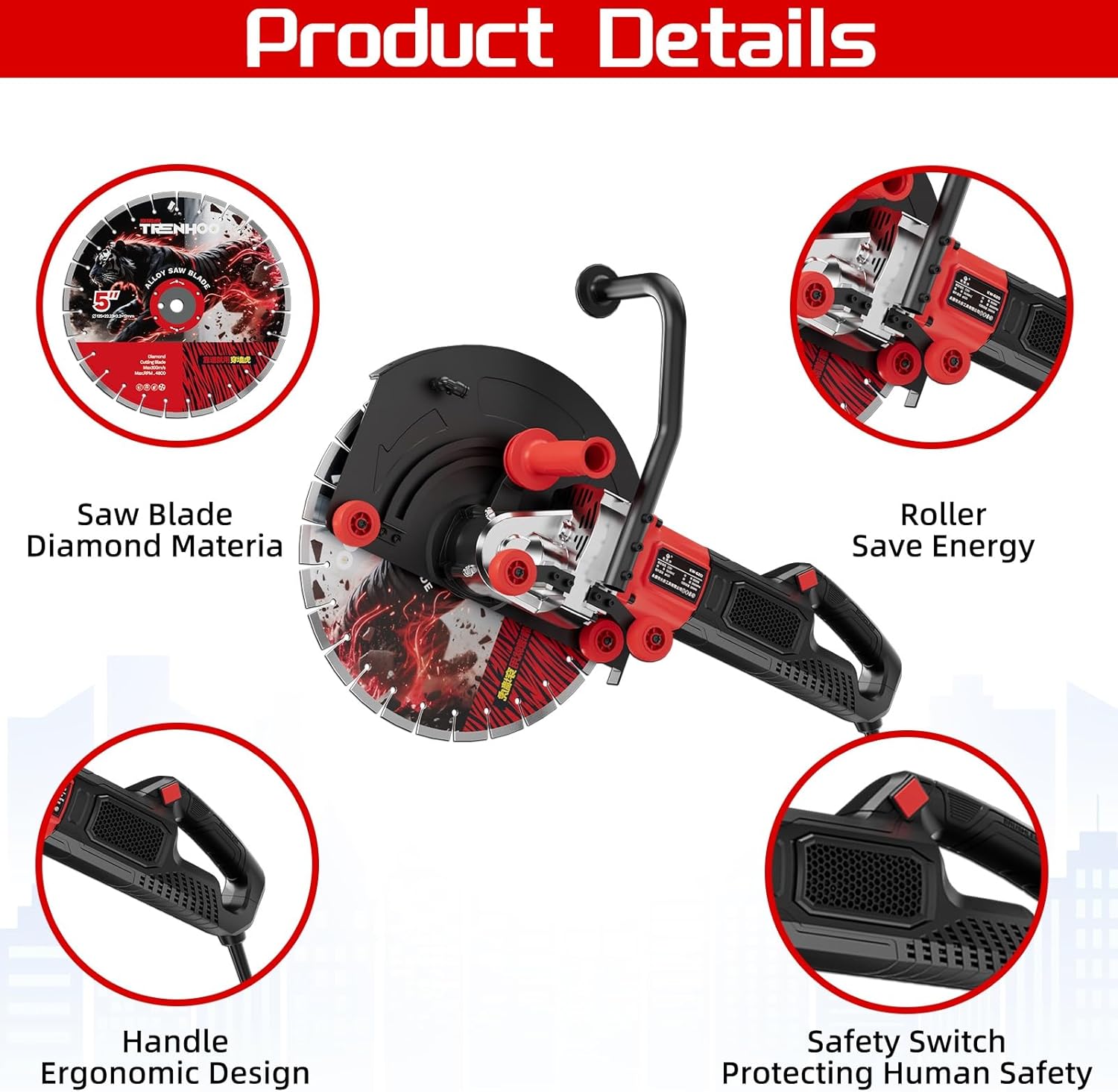 Ring CIoncrete Cutter Saw, Cutting Against The Wall Concrete Saw 10.62 Inch, 110V/220V Pure Copper Motor with an Intelligent Water Pump for Ceramic Tiles, Red Brick Walls(Depth of Cut 8.26 in,110V)