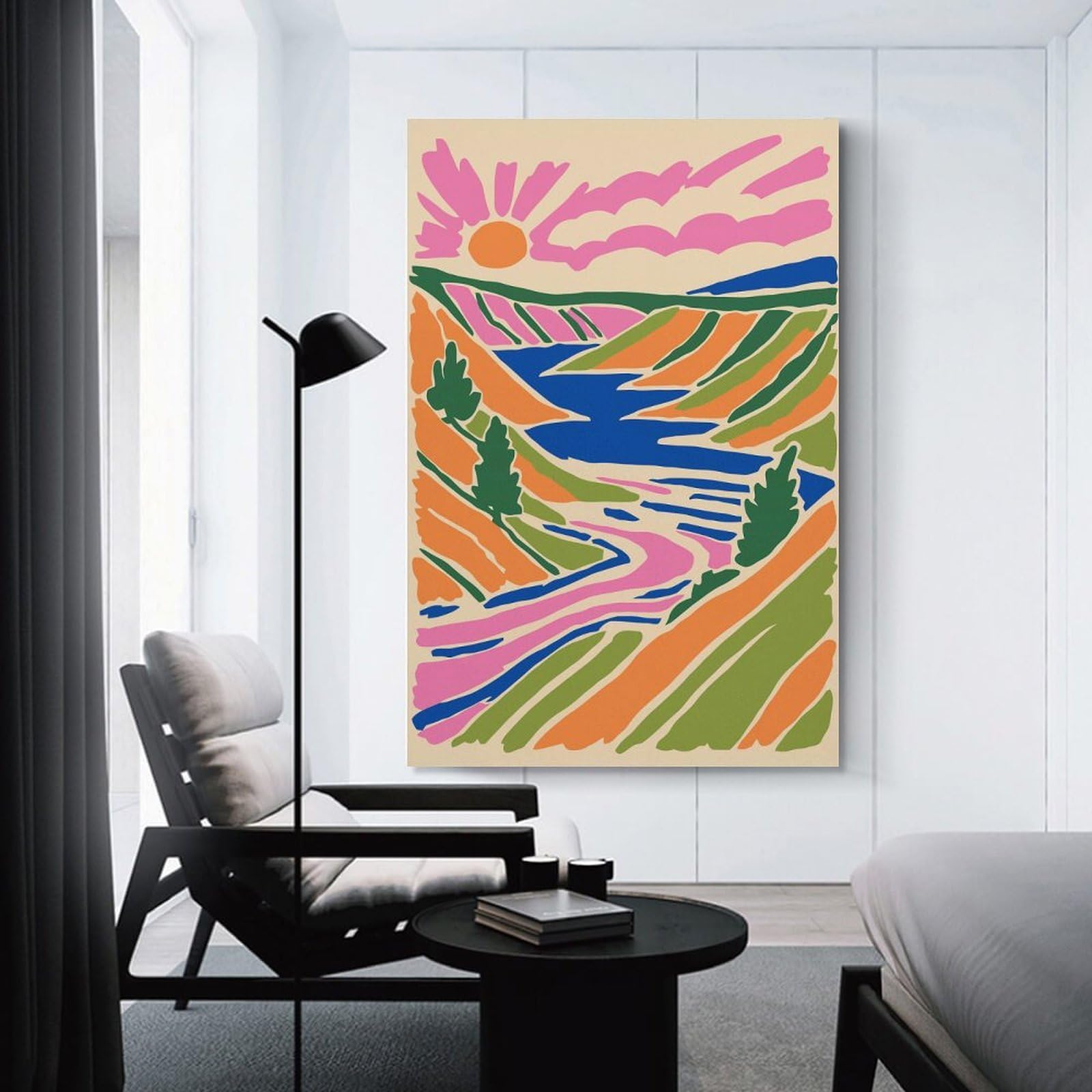 Junmoney Canvas Art Print Vibrant Abstract Landscape with River And Sun, 24x36inch(60x90cm), for Small Homes, Bedrooms Or Open Spaces, A Simple Refresh for Blank Walls