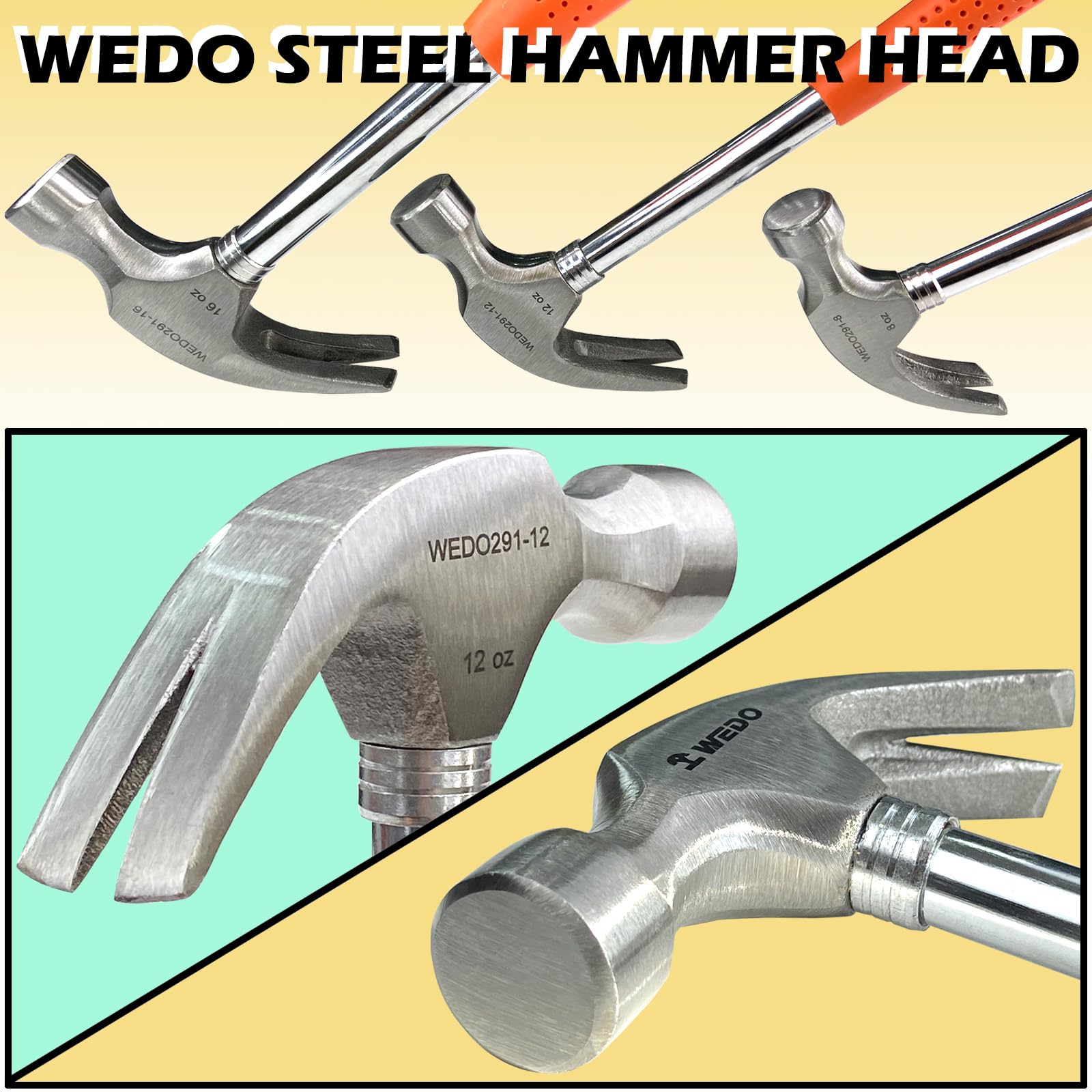WEDO Claw Hammer with Tubular Steel Handle, 340g, Length 282mm, Hammer and Nails Tool with Tubular Steel Handle - Image 3