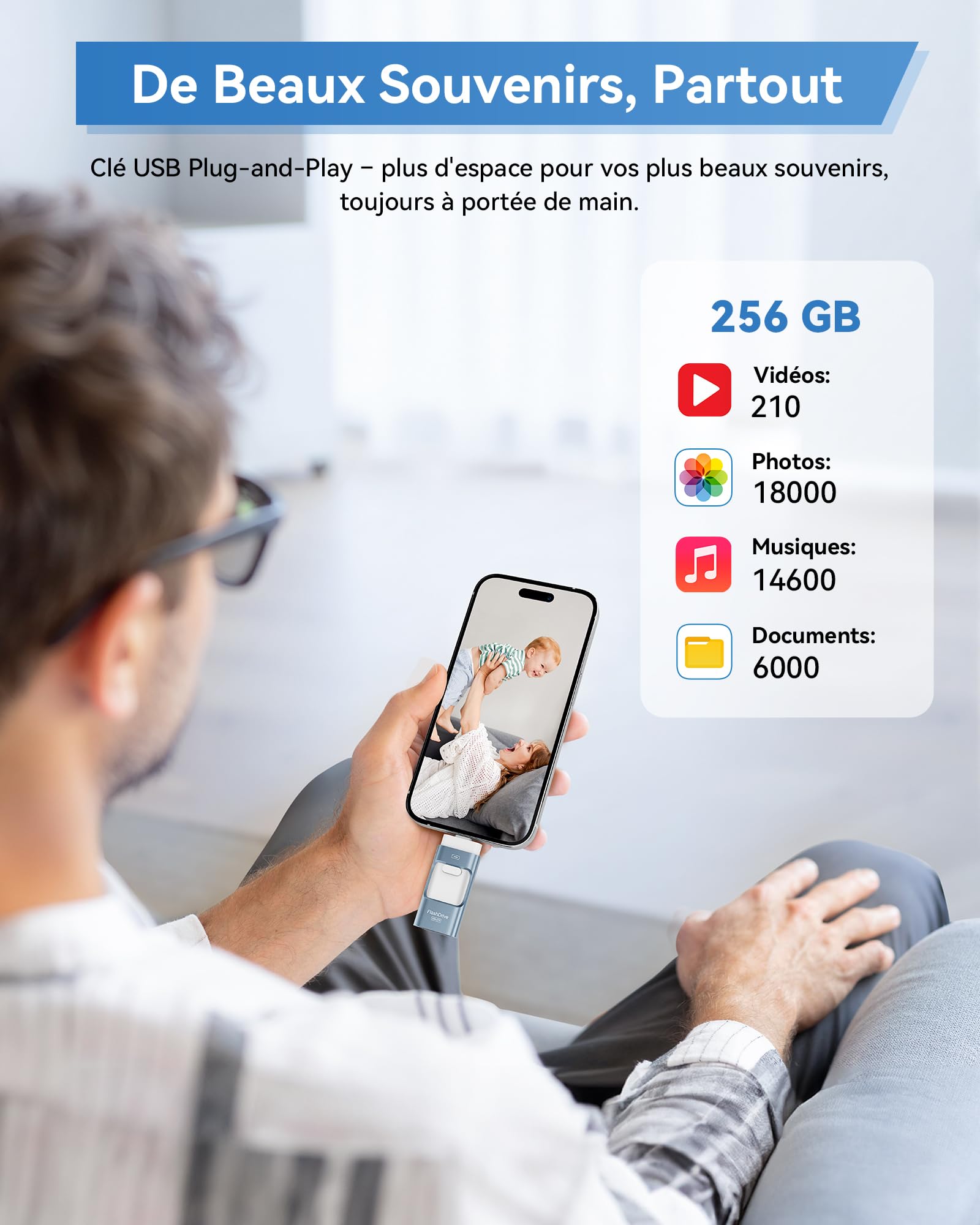 ZARMST Clé USB 256 Go 4 en 1 USB C 3.0 Flash Drive Transfert Rapide Mémoire Externe Bleu