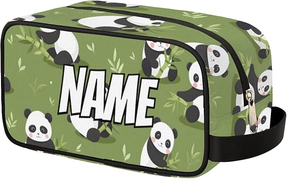 Custom Cute Panda Makeup Bag with Name Personalized Waterproof Toiletry Bags Customized Green Plants Cosmetic Bag for Women Men