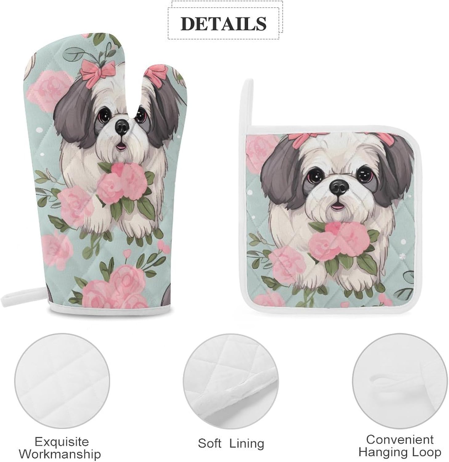 Shih Tzu Dog 4 Pcs Oven Mitts and Pot Holders Set High Heat Resistant Long Kitchen Oven Glove Potholders