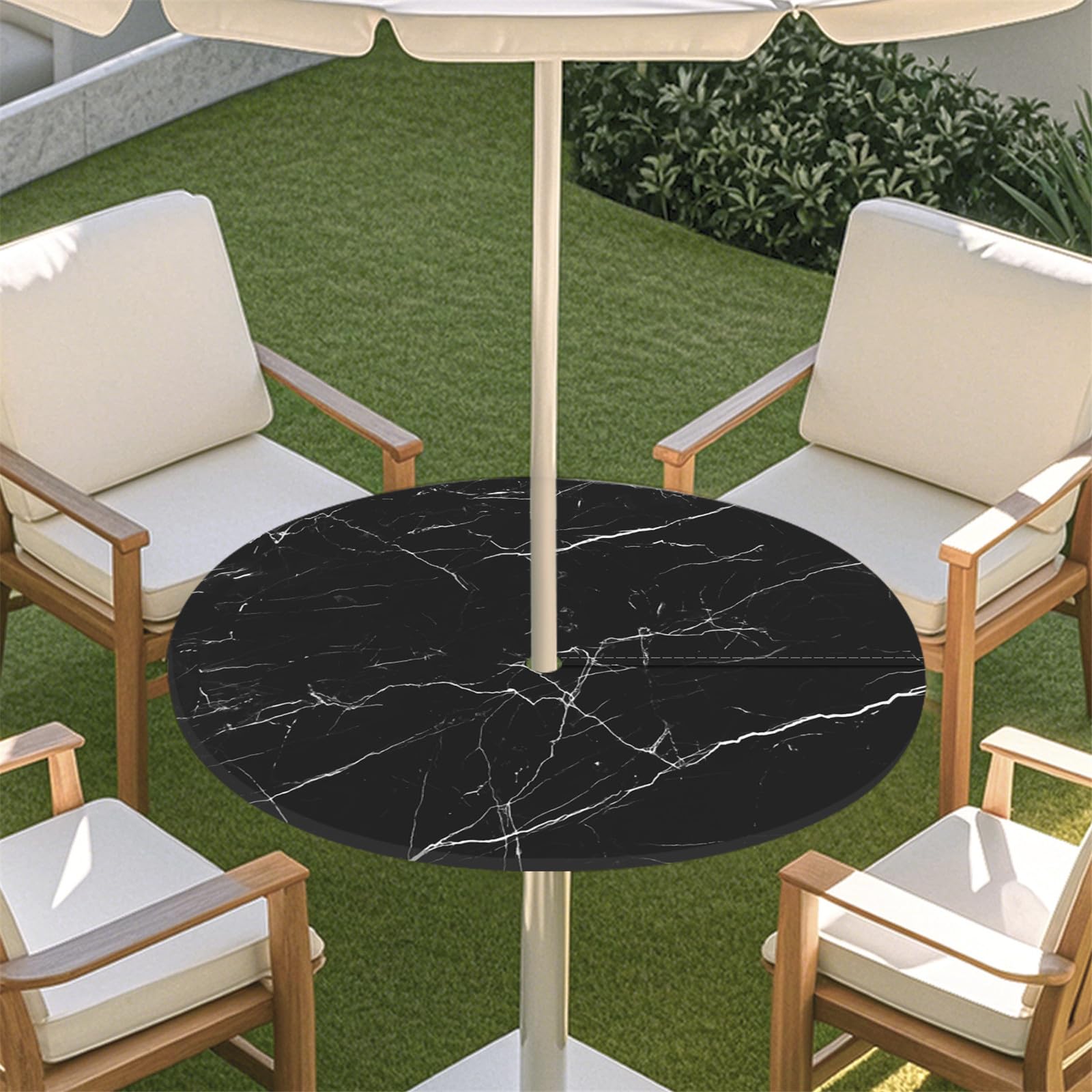 Odot Elastic Edge Round Fitted Tablecloth Protector Waterproof Outdoor Round Tablecloth with Parasol Hole and Zipper, Wipe Clean Table Cover for Garden BBQ Party, 3D Marble (Abstract,M:91-112cm)