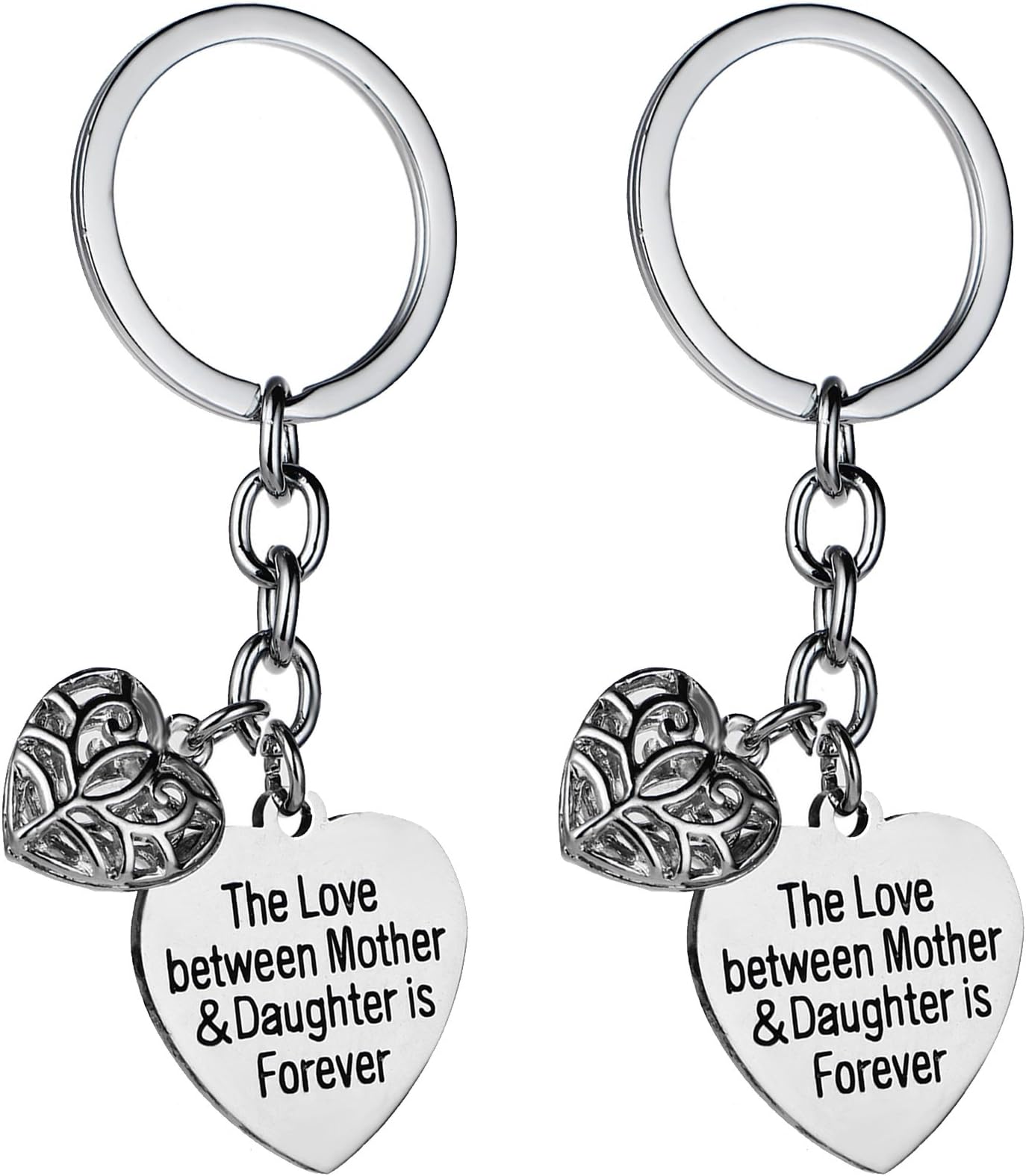 2PCs Mother Daughter Love Hollow Heart Pendant Keychain Set Gift for Mom Daughter