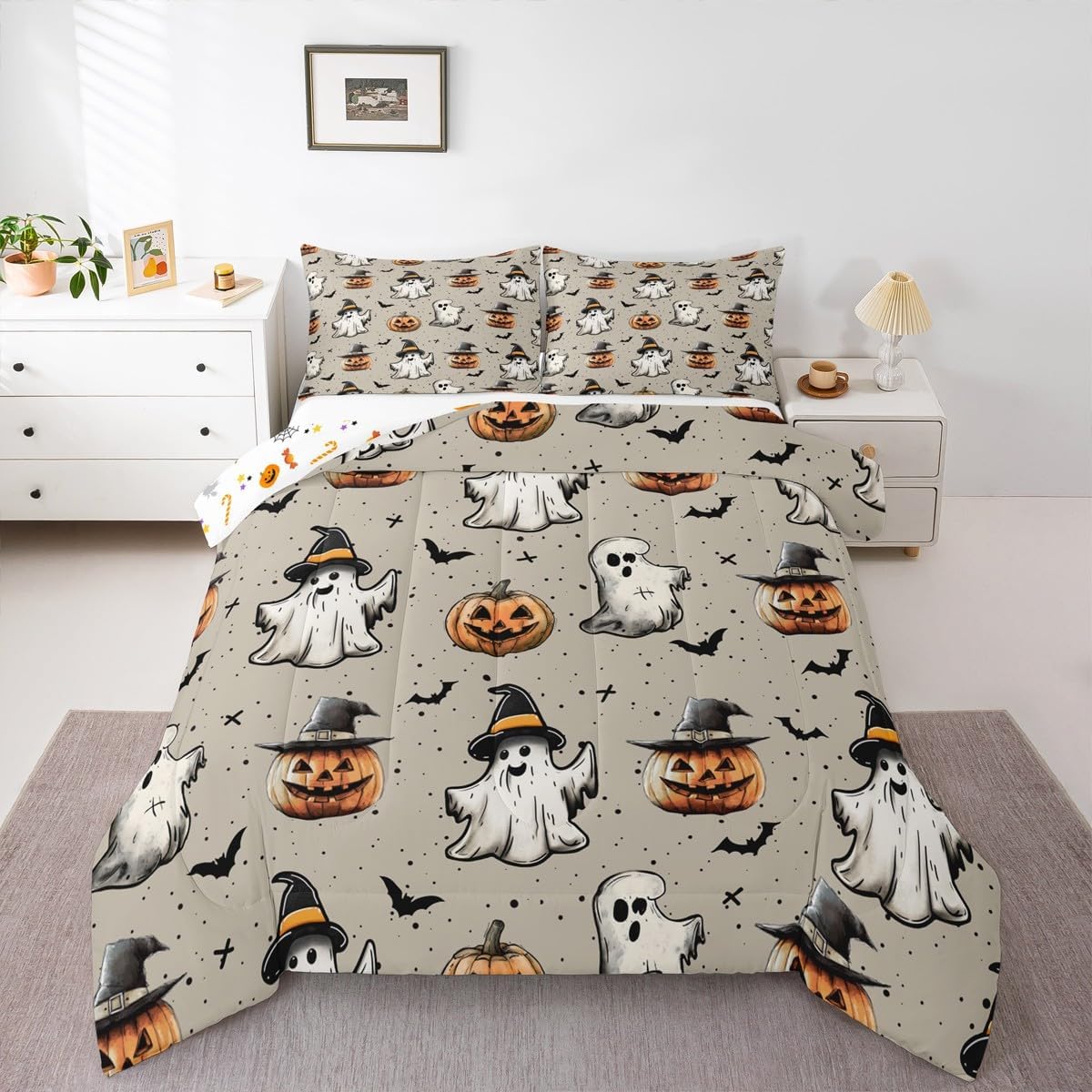 Erosebridal Gothic Ghost Comforter Set for Kids Boys, Horror Witch Hat Pumpkin Lantern Bedding Set, Spooky Silhouette Bats Halloween Decoration Full Size Dark Shadows Halloween Party Decorations