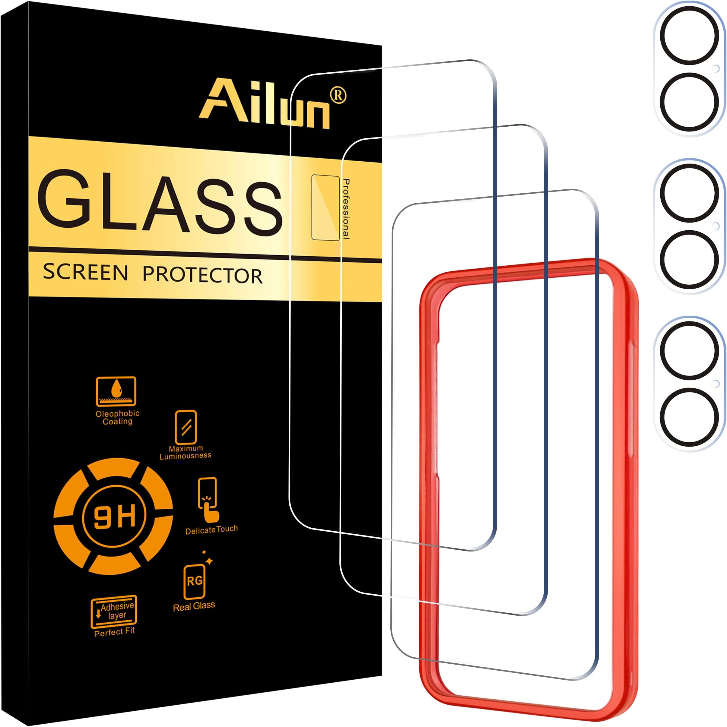 Ailun 3 Pack Screen Protector for iPhone 16 [6.1 inch] + 3 Pack Camera Lens Protector with Installation Frame,Case Friendly Tempered Glass Film,[9H Hardness] - HD [6 Pack]