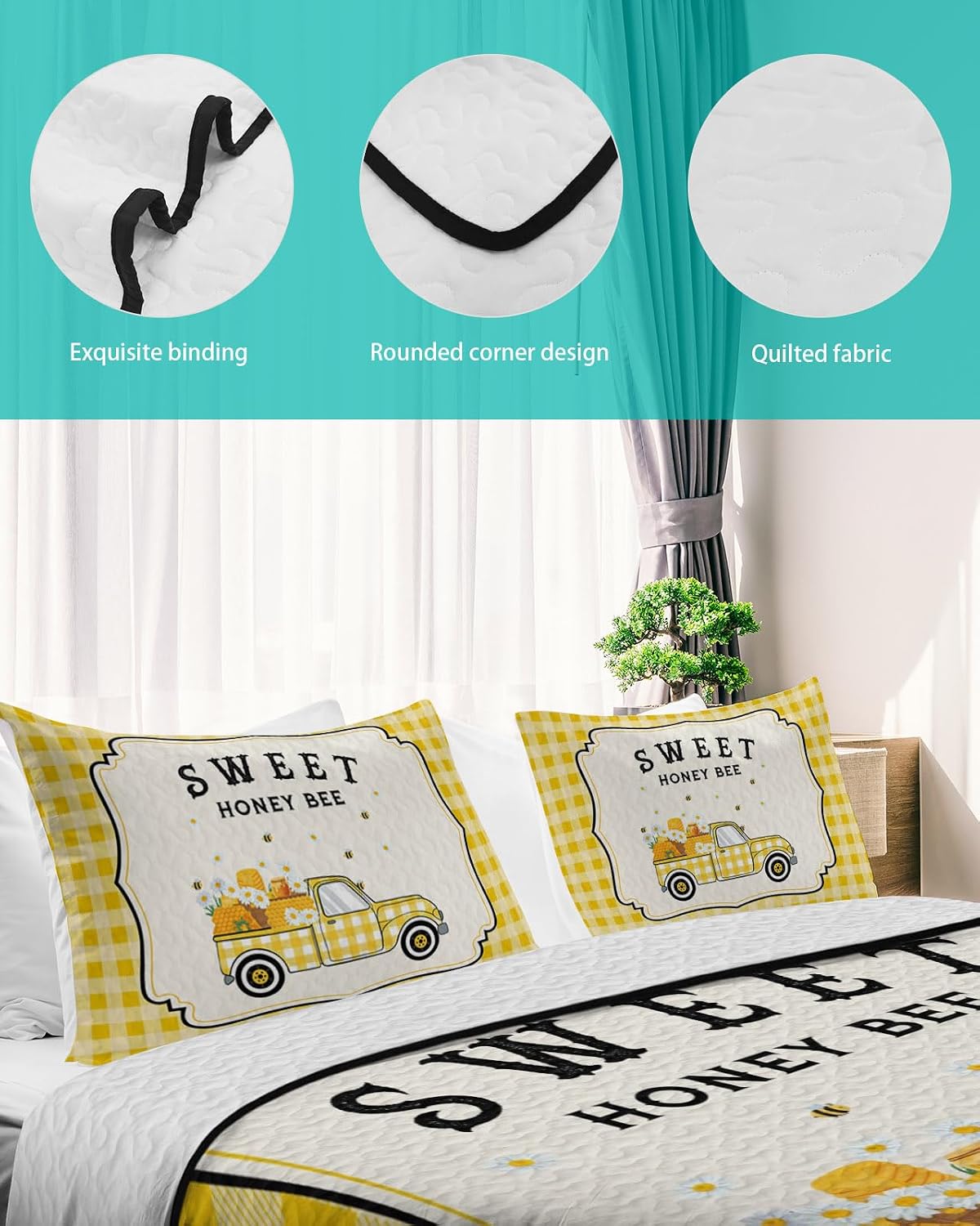 King Size Quilt Set, Farm Honey Bee Daisy Truck Lightweight Bedspread Coverlet Set Soft Microfiber Summer Quilt with 2 Pillow Shams, Country Yellow Buffalo Plaid 3 Piece Comforter Bedding Set