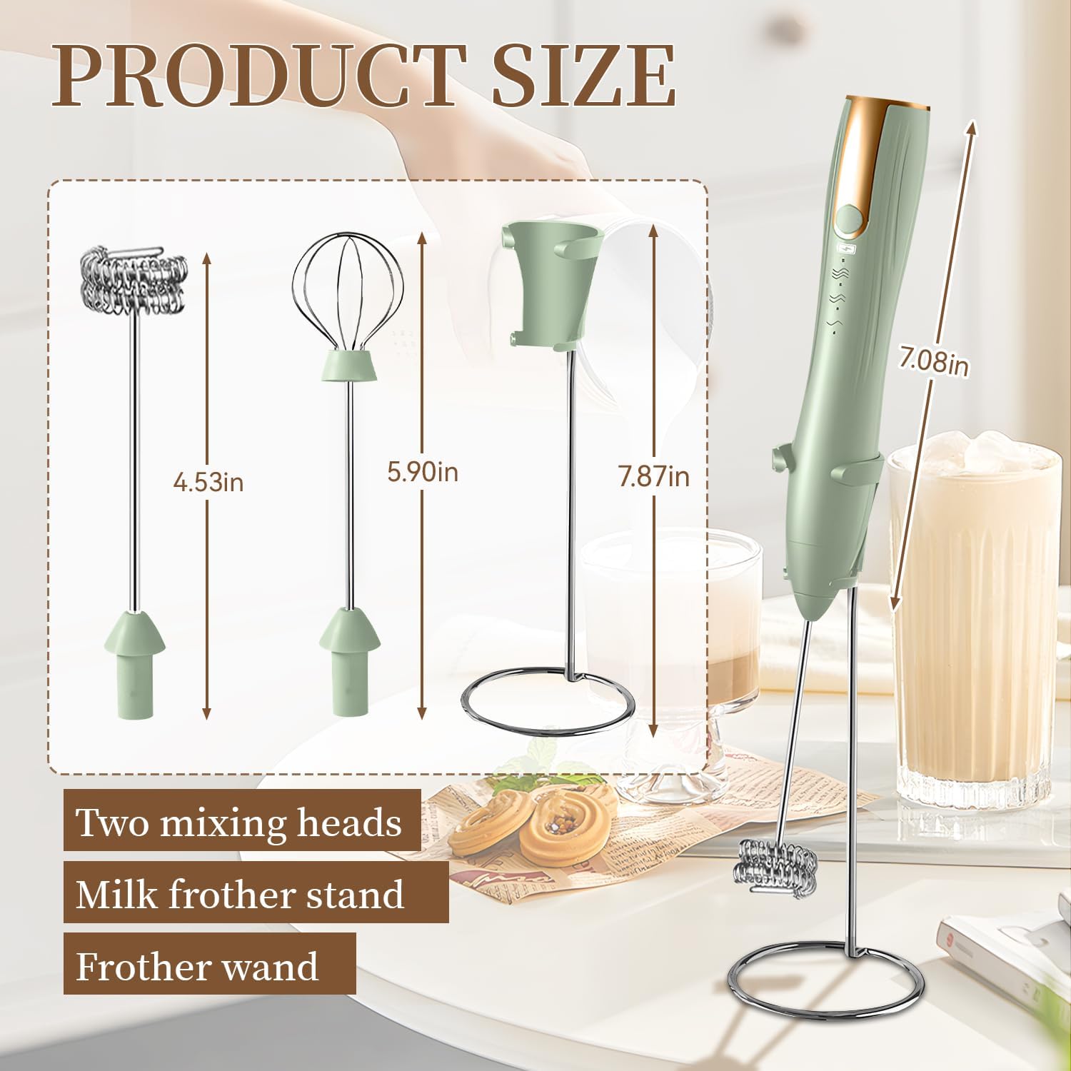 Milk frother rechargeable,milk frother wand handheld rechargeable electric whisk with 2 heads coffee drink mixer,frother with stand(green)