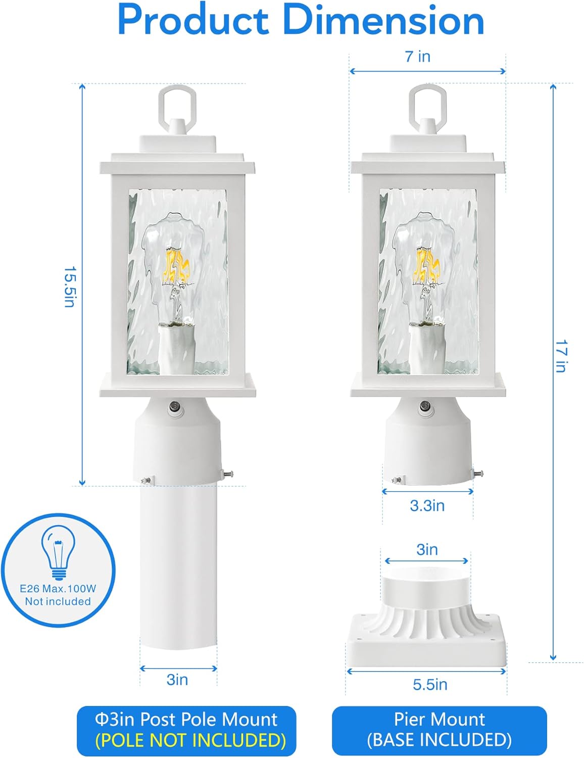 VIANIS Dusk to Dawn Outdoor Post Lights with Pier Mount Base, Modern White Exterior Lamp Post Light Fixture, Anti-Rust Aluminum Light Posts for Outside with Water Ripple Tempered Glass(Hardwired 120V)
