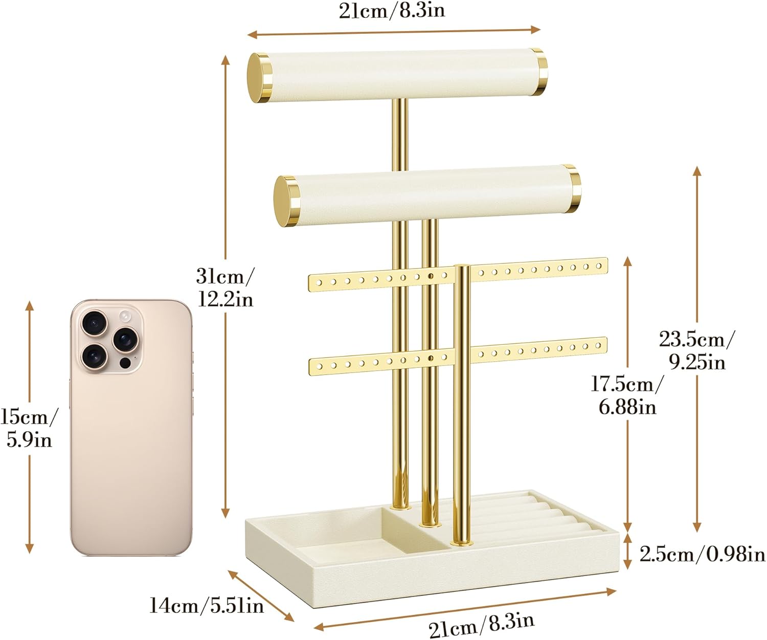 3 Tier Bracelet Holder Display - Beige Leather Bracelet Holder, Detachable T Bar Jewelry Holder Organizer for Bracelet, Necklace, Earrings, Rings, Watches, Bangle - Image 8