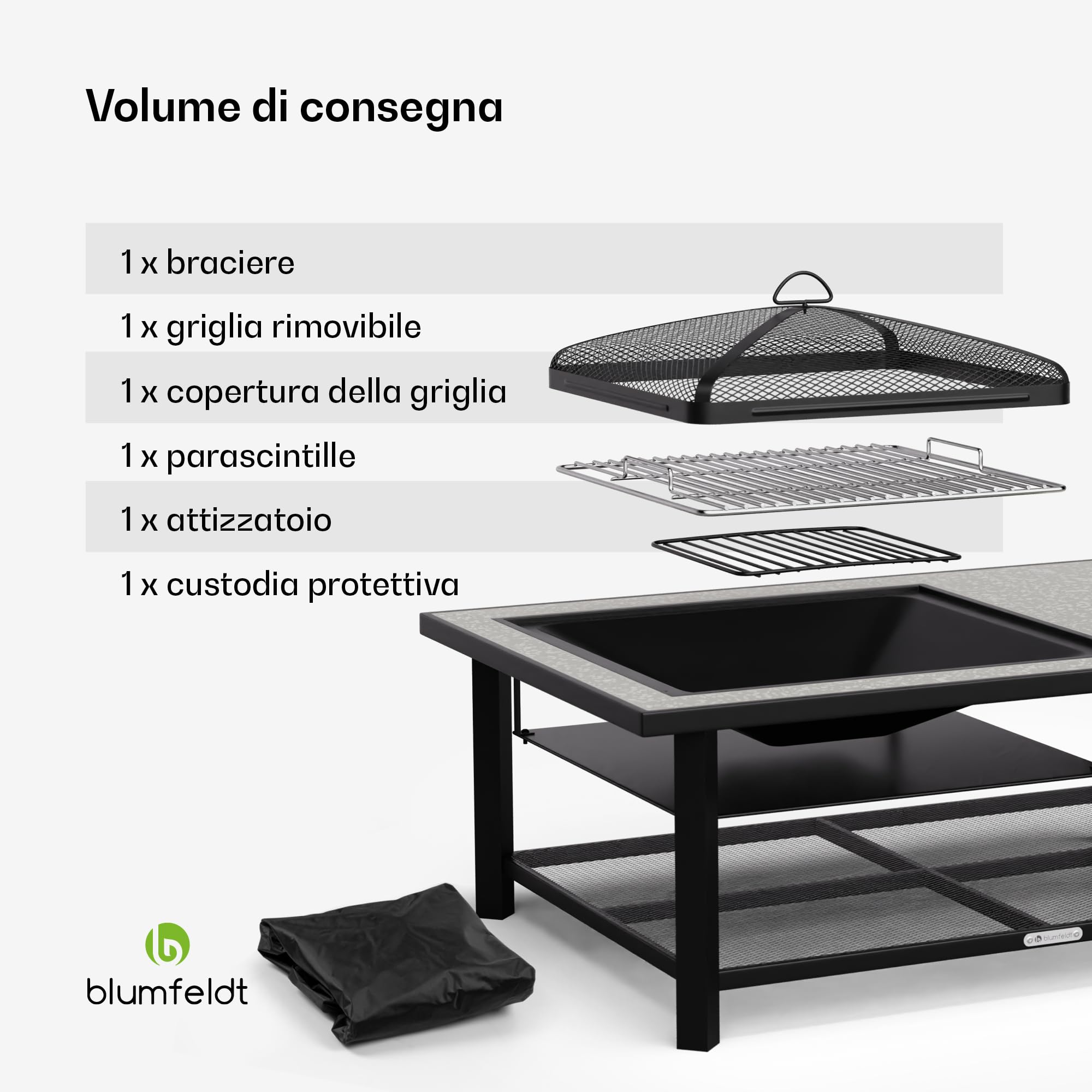 blumfeldt Merano Avanzato L Braciere da Giardino - 3-in-1 Braciere Barbecue & Tavolo, Telaio in Acciaio, Piano in Terrazzo, Include Griglia, Attizzatoio, Parascintille & Coperchio, Nero
