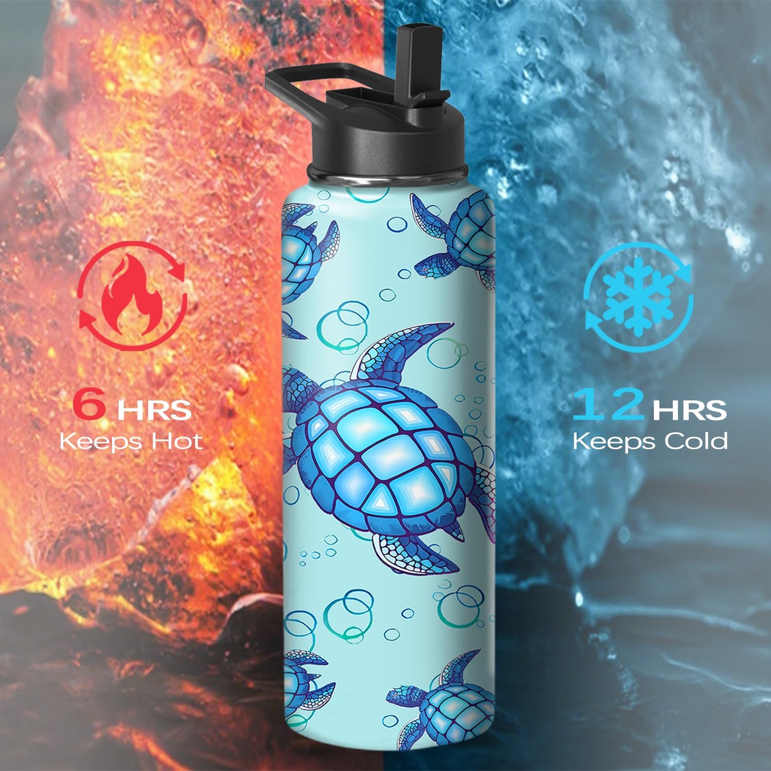 40oz Cute Sea Turtle Water Bottle with Handle and Flip Straw, Ocean Sports Stainless Steel Insulated Cup, Travel Coffee Mug Tumbler, Birthday Mothers Day Chritmas Gifts for Women Animal Lovers