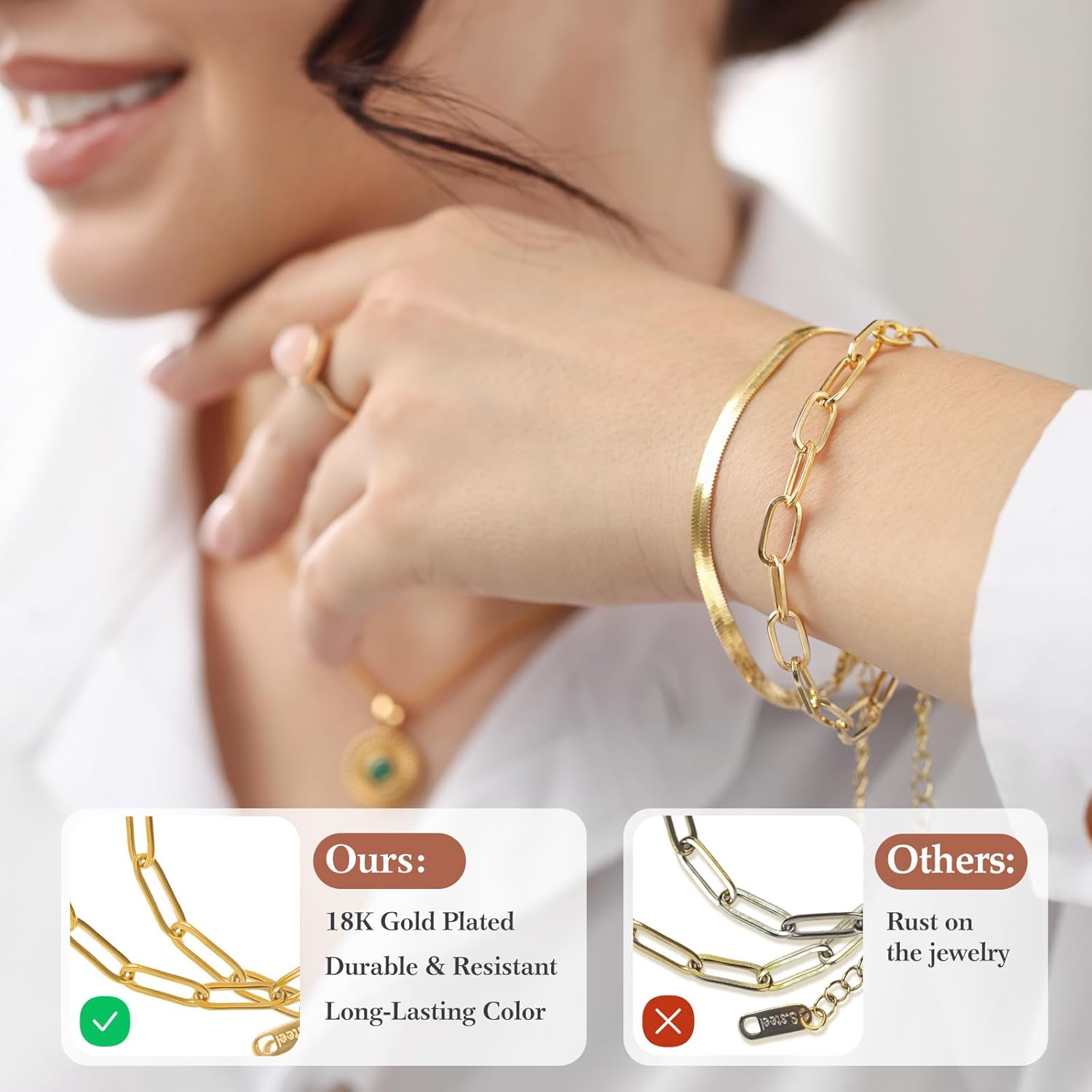 Wisreach 10 PCS Charm Bracelet Kit 18K Gold Plated Paperclip Chain — 6.3 Inch Adjustable Stainless Steel Charm Bracelets with Lobster Clasps for DIY Jewelry Making (Gold & Silver) - Image 4