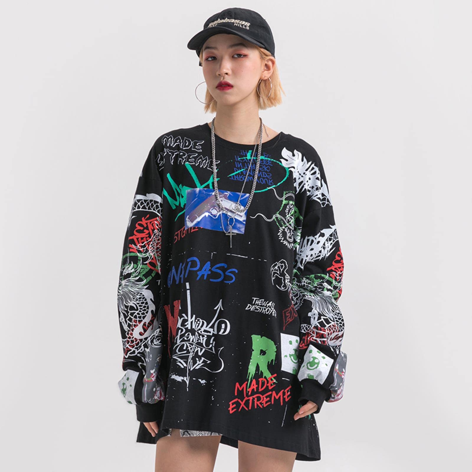 Maglietta da uomo Streetwear Hip Hop Graffiti a maniche lunghe Harajuku Tshirt oversize autunno allentato T-shirt in cotone Causale Top Tees-A212011 Bianco, Asiatico XL