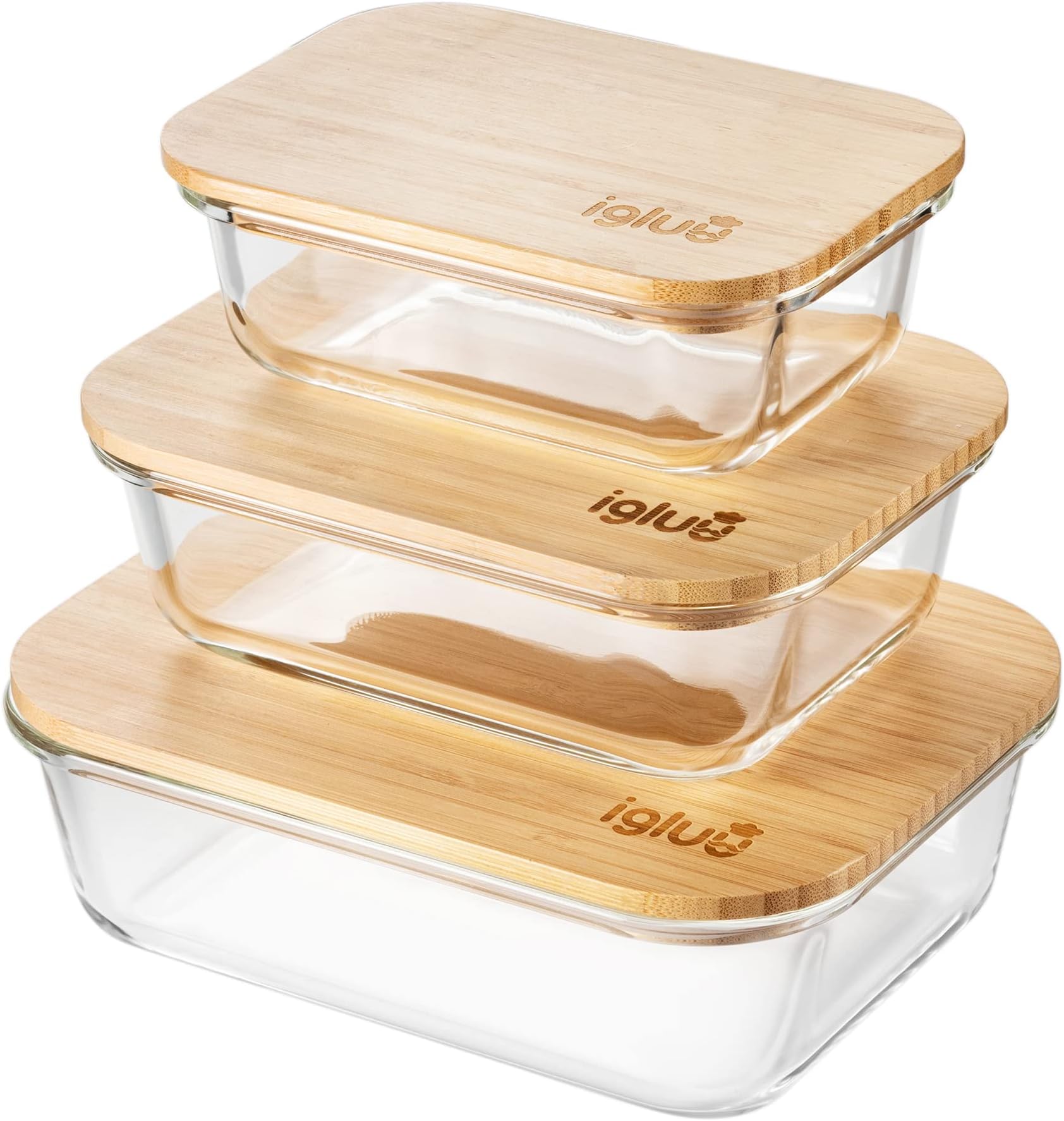 Igluu Meal Prep Glass Containers with Bamboo Lids (3 Pack) – Airtight & BPA-Free – Oven, Microwave, Freezer and Dishwasher Safe – 370ml, 640ml, 1050ml – Durable Borosilicate Glass