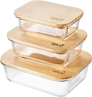 Igluu Meal Prep Glass Food Storage Containers (Set of 3), Eco-friendly Food Containers with Bamboo Lids, Nesting Glass Mea...