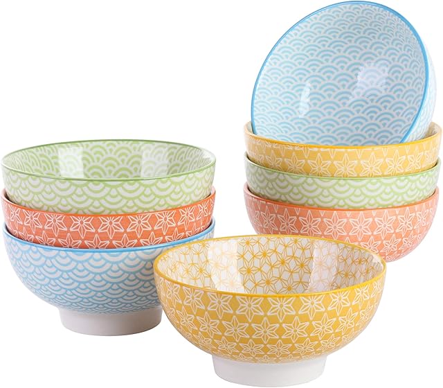 vancasso Natsuki Porcelanowa miska do ryżu, wielokolorowe japońskie wzory, porcelanowa miska do płatków, zastawa stołowa, 8 szt., miseczka do zupy, owoców, makaronu, ramenu, przekąsek