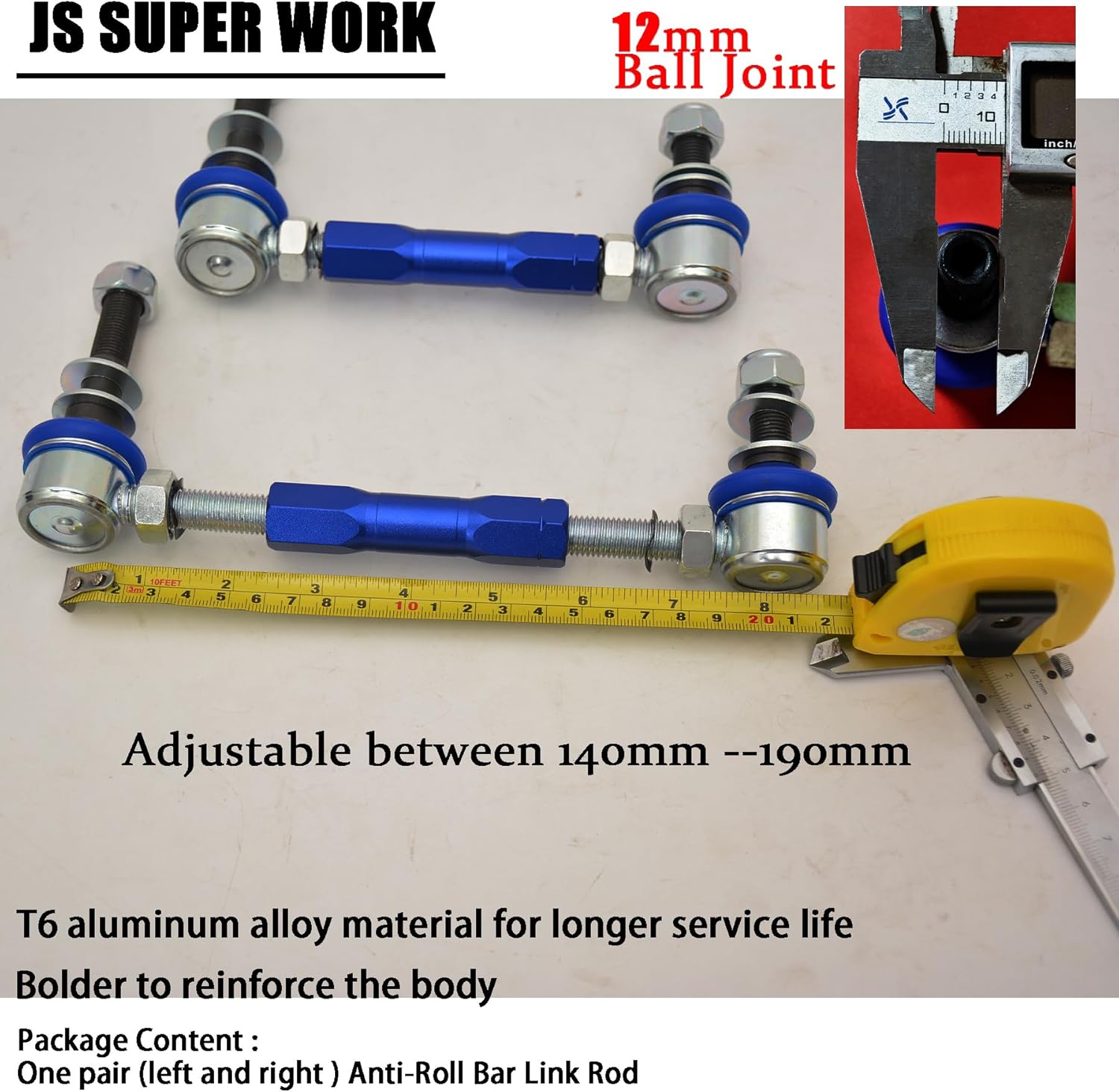 2”Front Adjustable Sway Bar End Links Kit Fit for FJ CRUISER/FORTUNER/HILUX/LAND CRUISER PRADO 120 / LAND CRUISER PRADO 150, 7.48-9.84 Inch Sway Bar Link,M10 Stud with 12 mm Spacer Washer