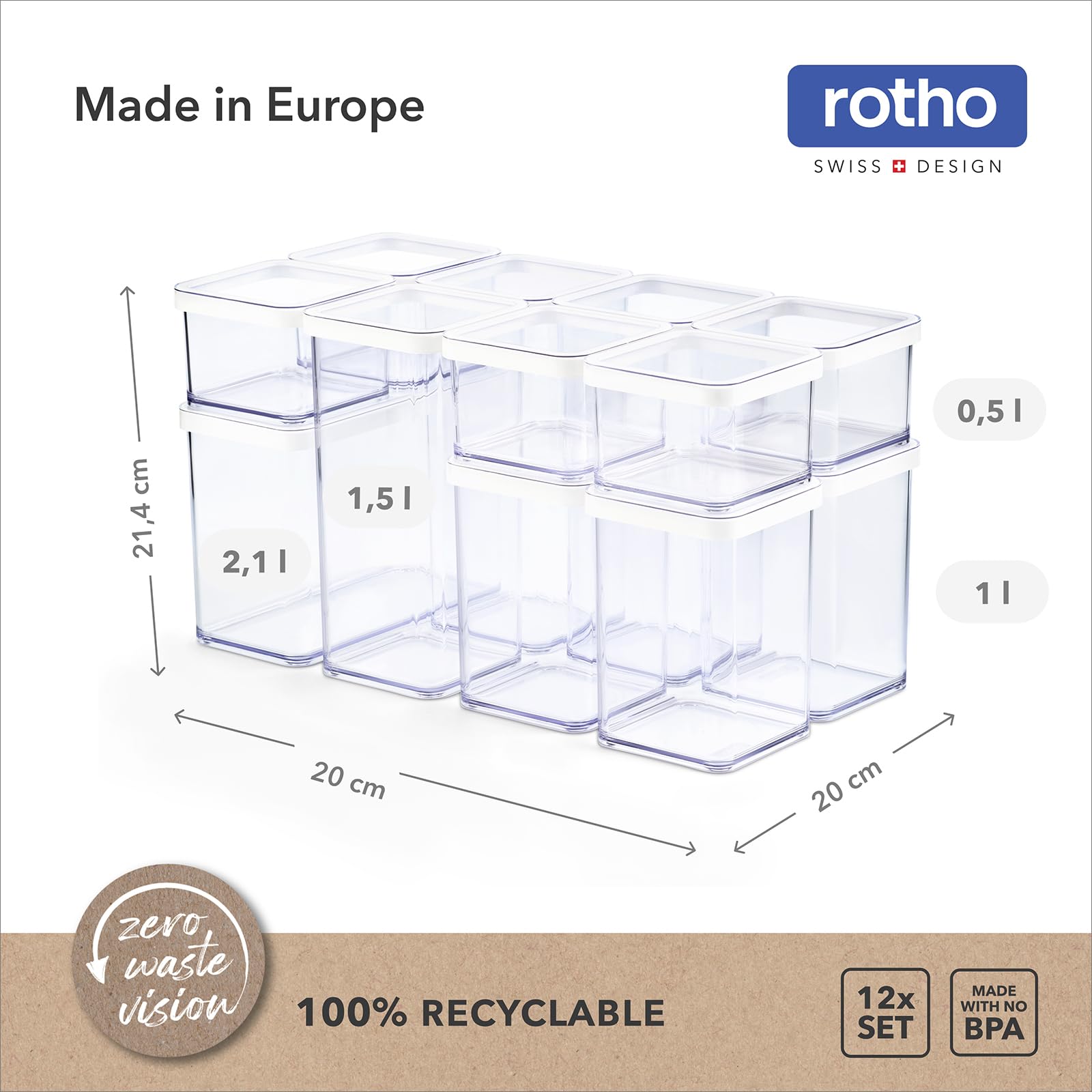 Rotho Loft Set 12 Contenitori Alimentari Ermetici, Senza BPA, Trasparente | Barattoli in plastica SAN per cucina, salva freschezza per pasta e farina, 1x 2,1l, 3x 1,5l, 3x 1,0l, 5x 0,5l, Bianco