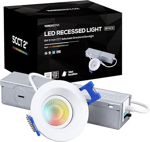 TORCHSTAR 5CCT - Luz LED empotrable con cardán de 2 pulgadas con caja de conexiones, deflector profundo antirreflejo, 8 W CRI90 regulable giratorio