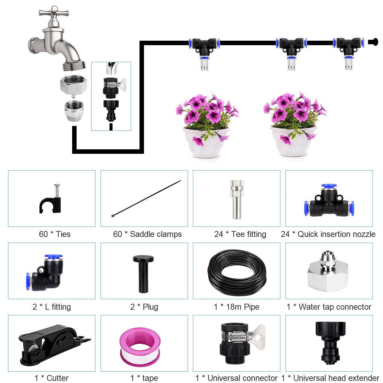 XDDIAS Outdoor Misting Cooling System, 59 FT(18M) PE Misting PE+24 Brass Mist Nozzles+A Brass Adapter(3/4”) DIY Misters Cooling Kit for Outside Patio Garden Umbrellas Greenhouse