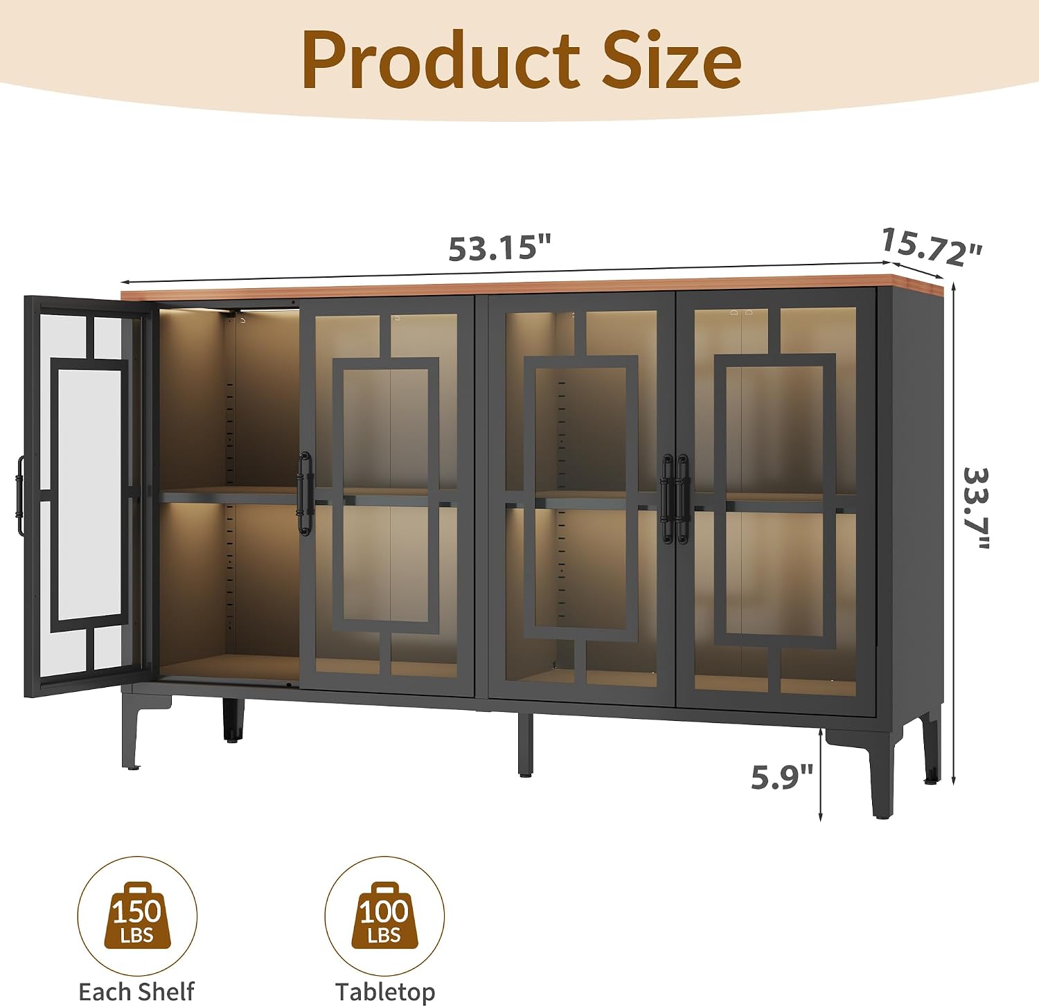 53" Glass Sideboard Buffet Cabinet with COB Lights, Metal‑Wood Buffet Sideboard with Glass Doors, Adjustable Shelves, Lighted Coffee Bar Display Cabinet for Dining Room, Kitchen - Black
