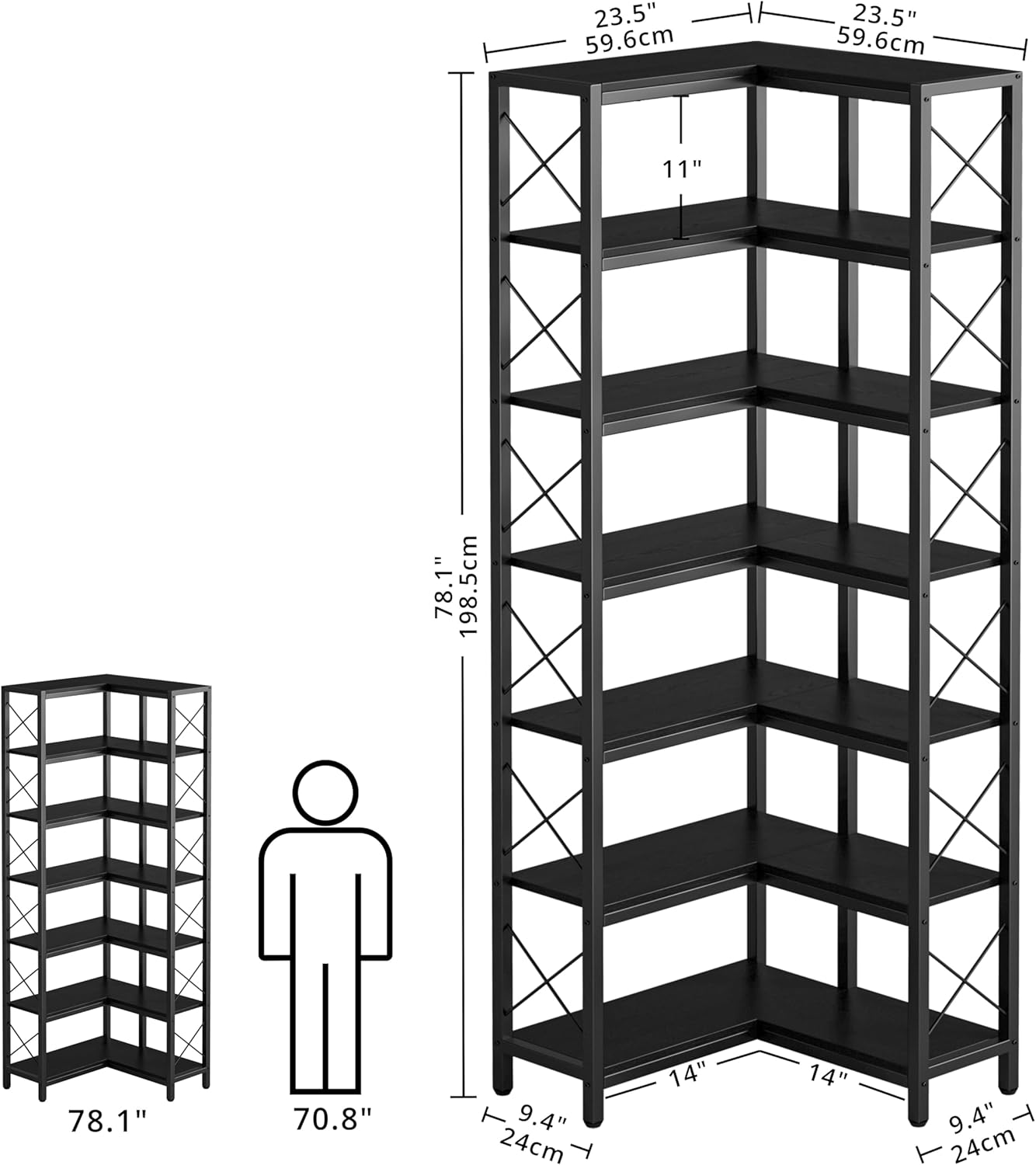IRONCK Corner Bookshelf, 7-Tier Industrial Corner Bookcase, Tall Corner Shelf Storage Display Rack with Metal Frame for Living Room Home Office, Black