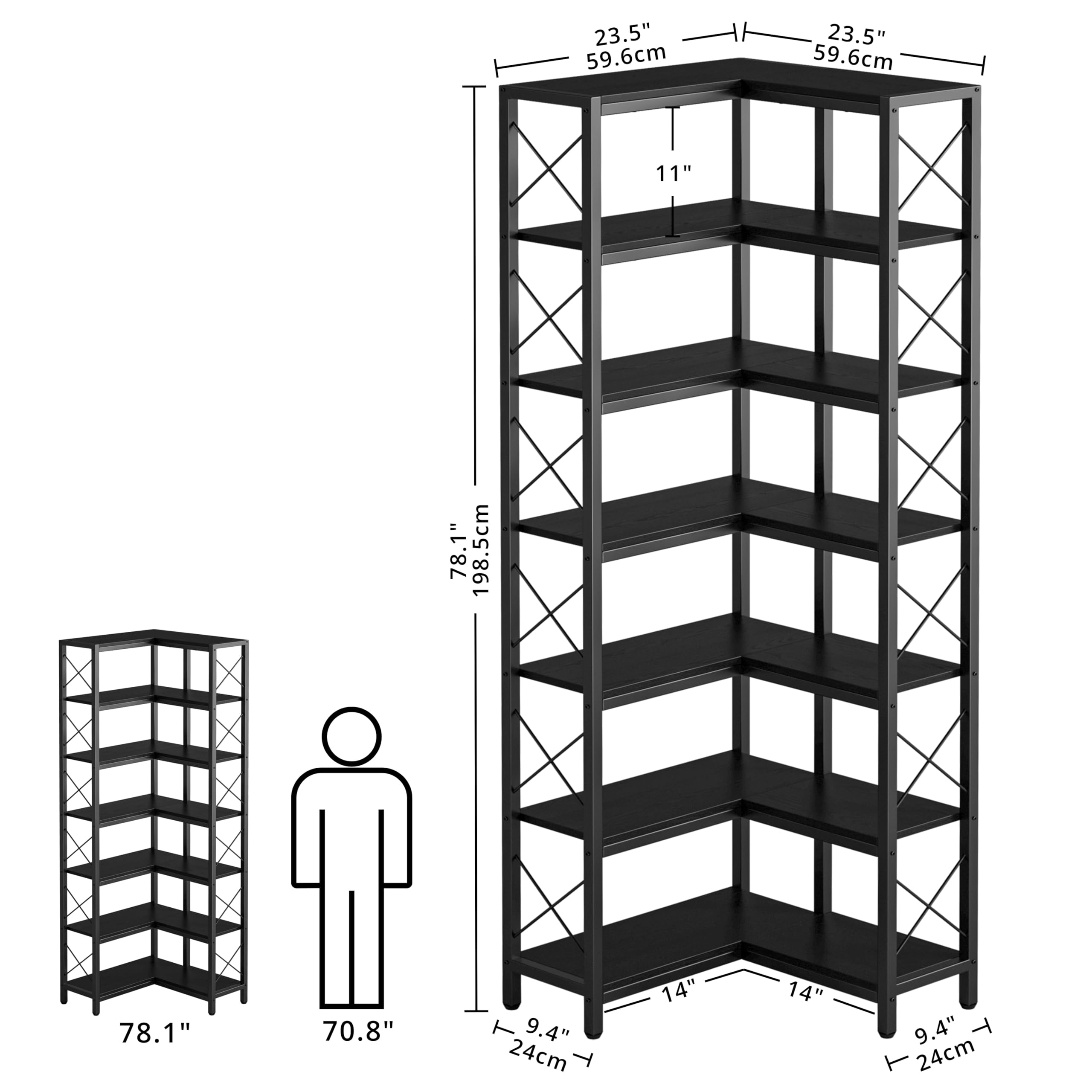 LIKEMET 7-Tier Industrial Corner Bookshelf - Tall Freestanding Storage Rack For Living Room, Office - View #10