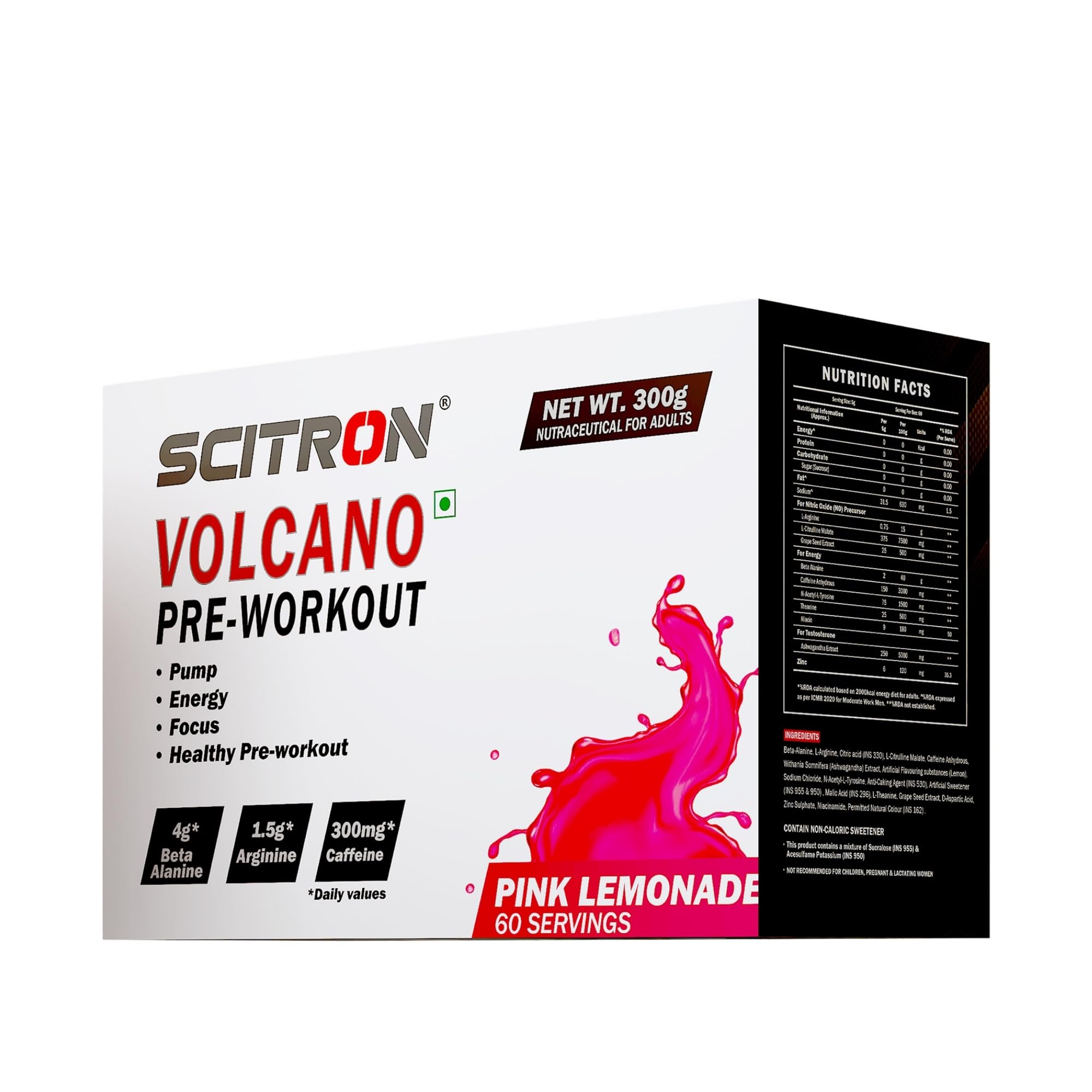 Scitron Volcano Pre Workout 300g, Pink Lemonade (60 Servings | 4g Beta Alanine | 1.5g Arginine | 300mg Caffeine | 0g Sugar | Boost Energy & Focus| Healthy Pre-workout)
