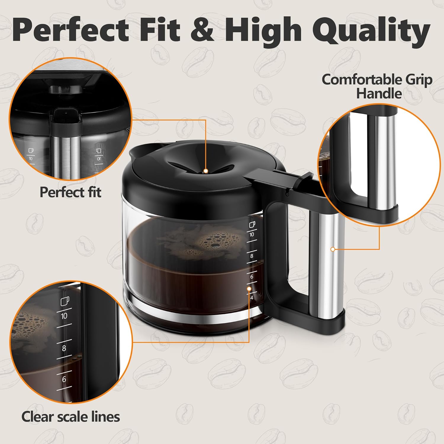 Coffee Pot Replacement for De'Longhi, 10 Cup Coffee Carafe Compatible with Delonghi Espresso Machine COM532M 3066 3067 3093 3094 3111 3112 KF140 KF863 & BCO Series (7313283649 / AS00000675)
