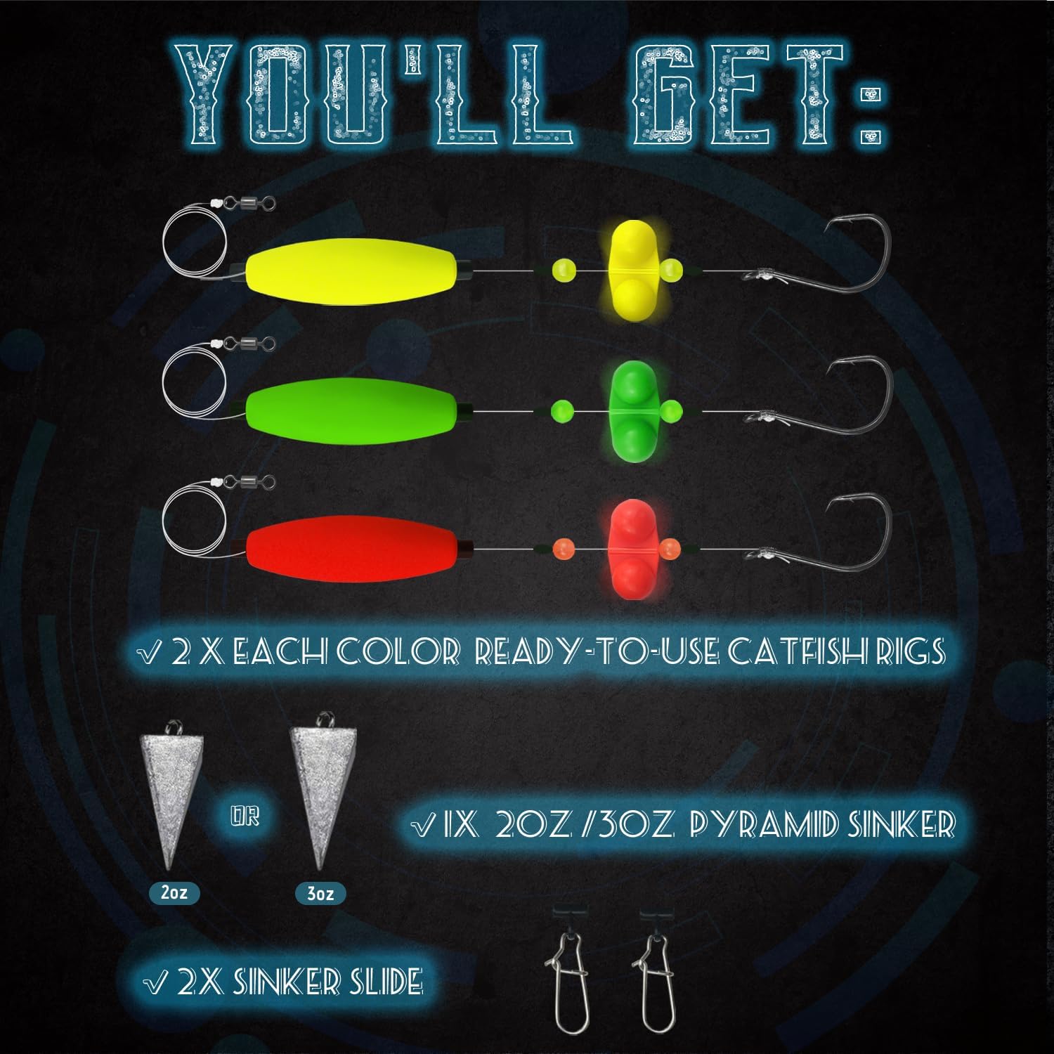 Narcissus Catfish Rigs Set – 6 Pre-Tied Rigs with 2 Sinker Sliders & 2oz Pyramid Sinker, Float Rigs Tackle, Santee Rig, Circle Hooks 6/0 – Complete & Ready-to-Use Kit