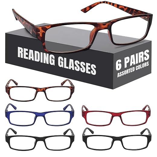 6 Pack Reading Glasses by BOOST EYEWEAR, Traditional Frames in Black, Tortoise Shell, Blue and Red, for Men and Women, with Comfort Spring Loaded Hinges, Assorted Colors, 6 Pairs (2.00, 9, 2, 0, 0, 6)