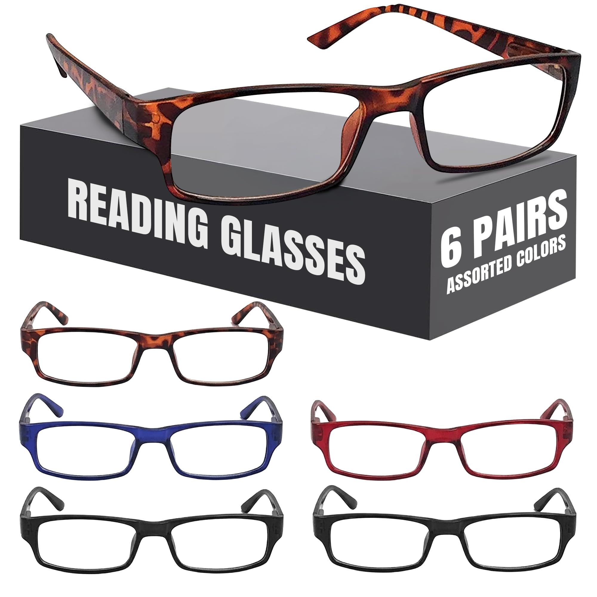6 Pack Reading Glasses by BOOST EYEWEAR, Traditional Frames in Assorted Colors, for Men and Women, with Spring Loaded Hinges