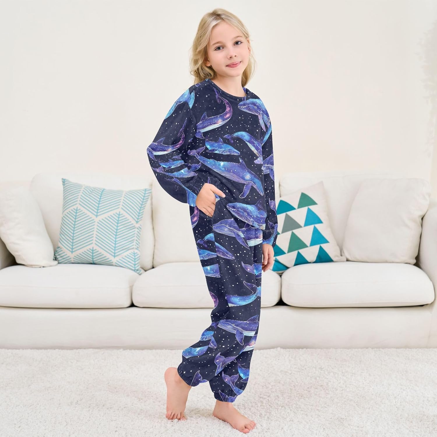 Kids Flannel Sets Ethereal Whales Warm Plush Relaxed Clothing for Boys and Girls