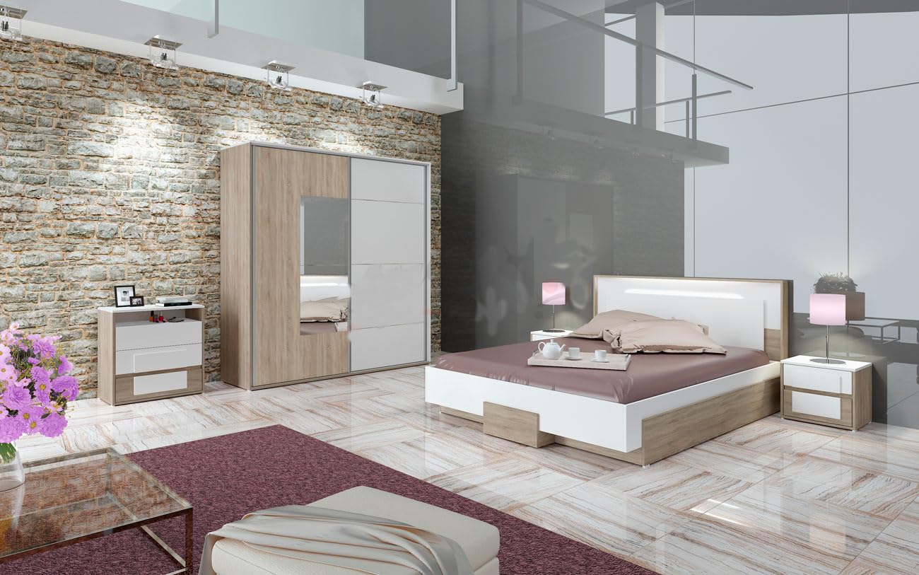Camera da Letto Completa Dotata di Armadio Ante Scorrevoli e Specchio Letto Contenitore Matrimoniale con LED Set Arredo Zona Notte Rovere e Bianco Lucido CDLI17 (camera + rete + materasso)