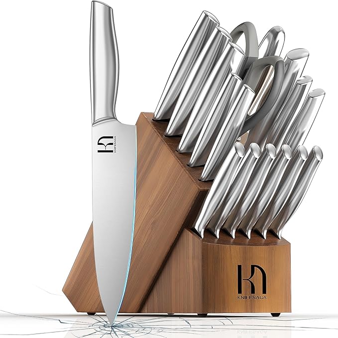 2024 Upgraded Knife Set 17 Piece Premium Japanese High Carbon Stainless Steel Kitchen Knife Block Sets with Sharpener and Acacia Wood Block, Razor Sharp Non-Serrated Steak Knives Set of 6pcs