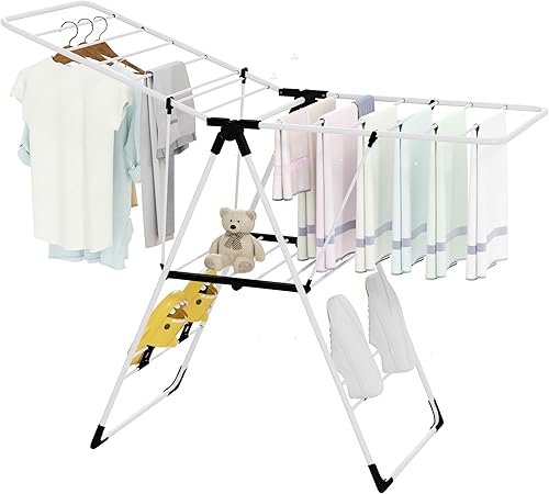 Miniatura 10 de Tangkula Estante de secado de ropa plegable, estante de secado de aluminio de 2 capas que ahorra espacio con alas ajustables, estante de secado de