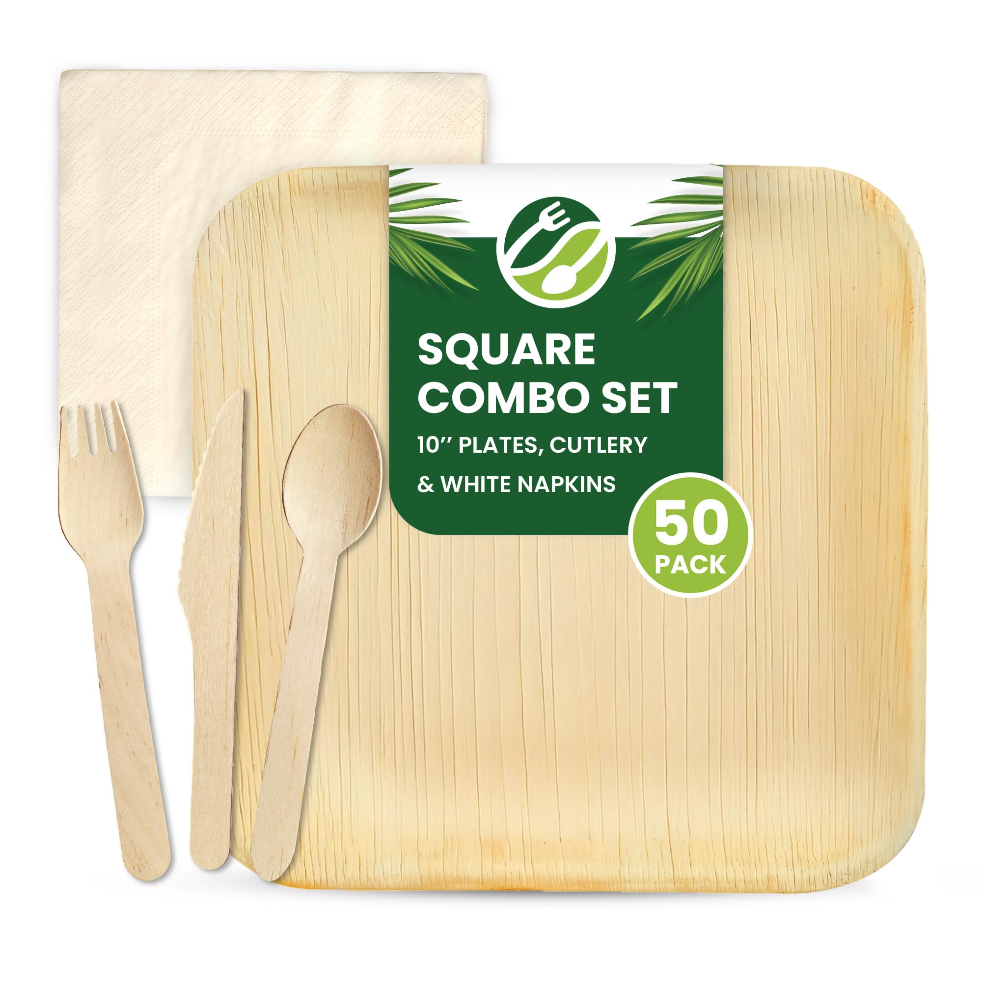 Eco Leaf 250pcs Disposable Palm Leaf Plates, Wooden Cutlery Set, White Napkins – 50 Large Square Plates, 50 Forks, Knives and Spoons, 50 Napkins – Eco-Friendly, Suitable for Wedding, Parties