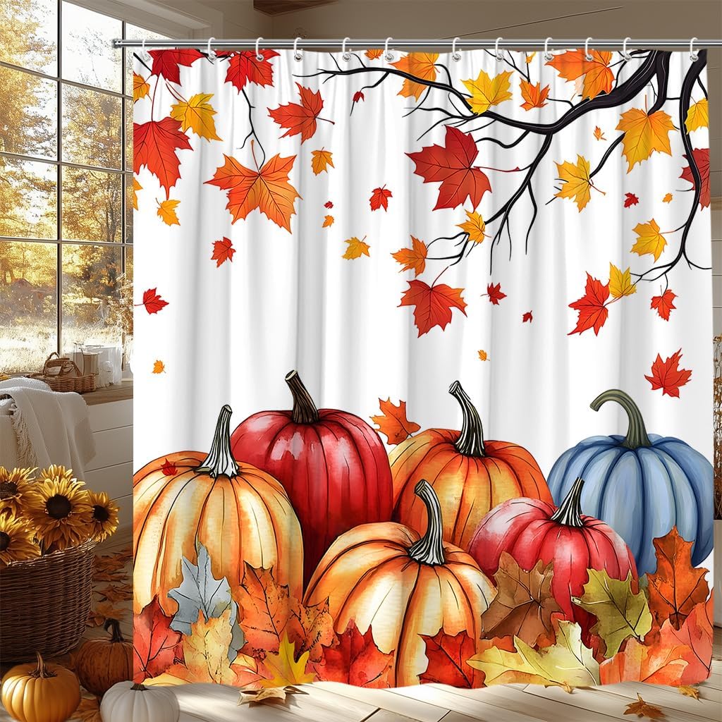 Fall Pumpkin Shower Curtain Autumn Maple Leaves Thanksgiving Rustic Farmhouse Harvest Watecolor Nature Seasonal Bathroom Curtain Fabric with Hooks(70" Wx84 H)