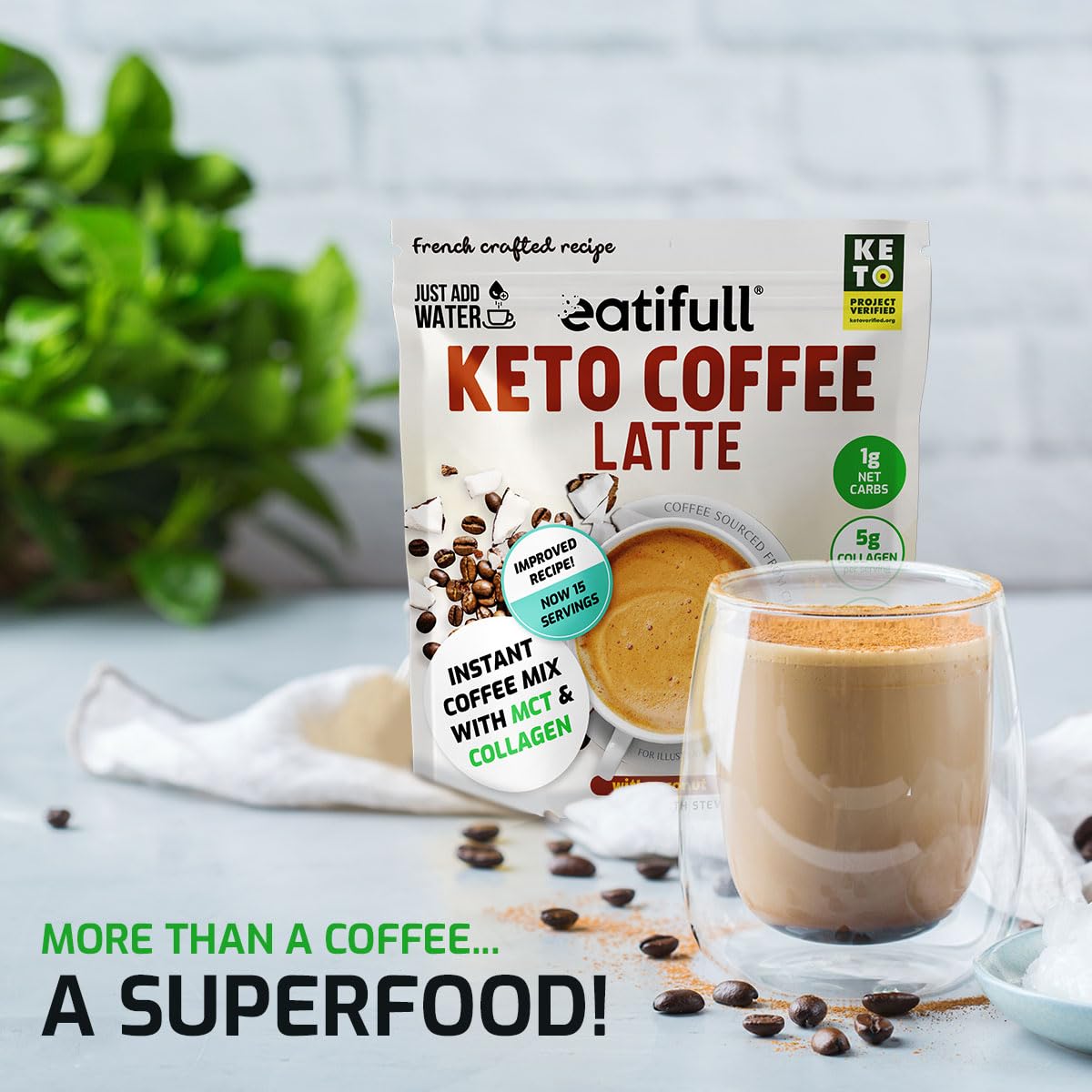 Eatifull Keto Coffee Latte - Instant Coffee (5g) of Collagen & MCT Oil - Sugar-Free, Stevia-Sweetened, High Protein (6g) - Medium Roast - Boosts Energy & Metabolism - 1 Bag
